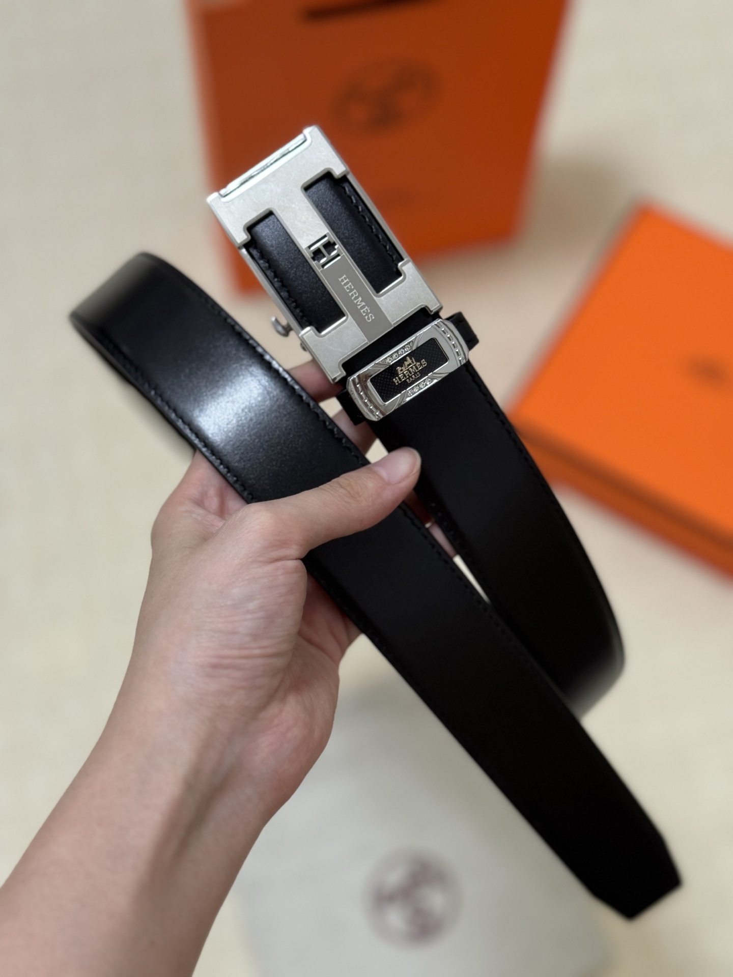 Hermes Men's Premium Black Leather Belt with Silver H Buckle