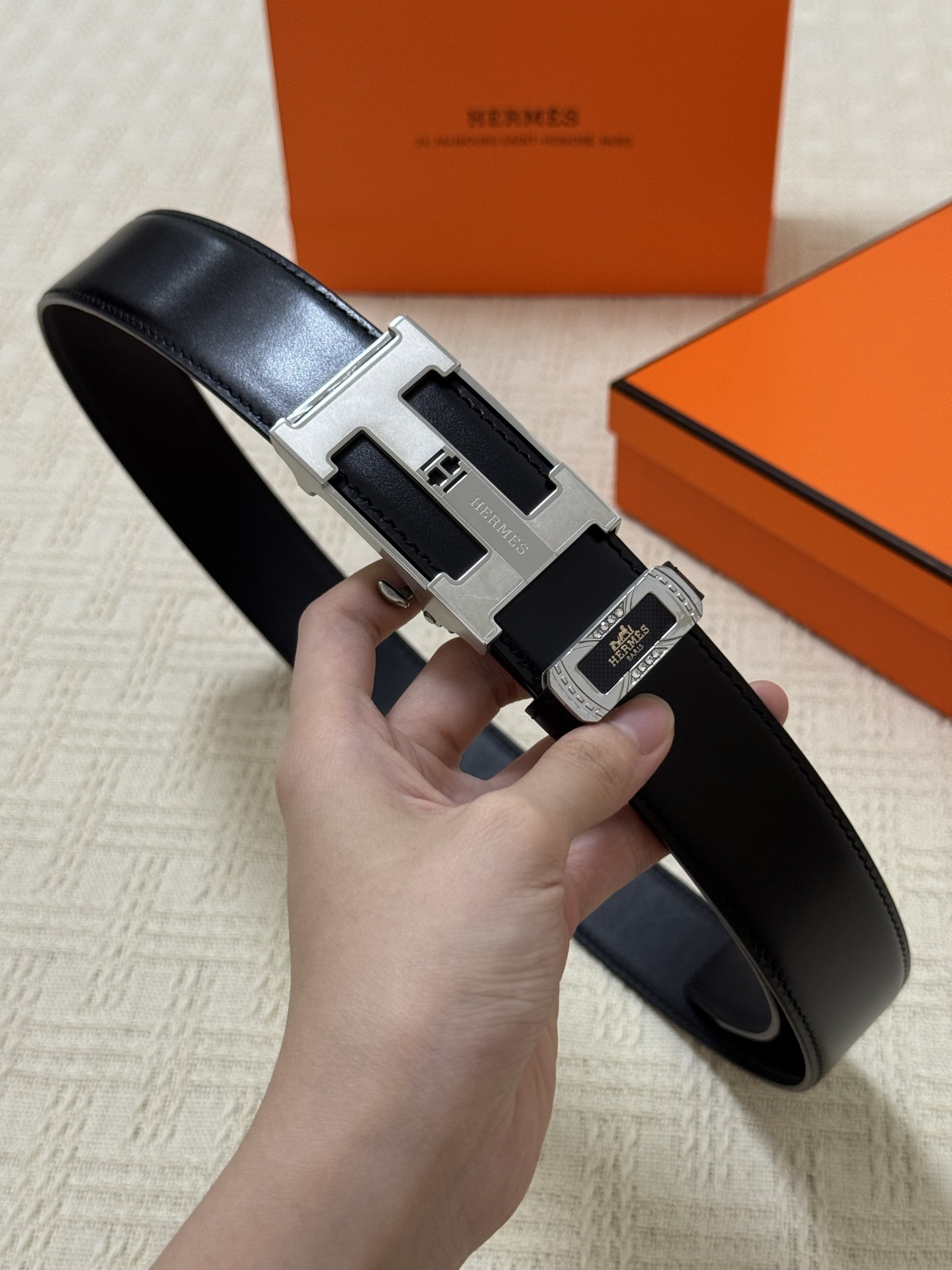 Hermes Men's Premium Black Leather Belt with Silver H Buckle