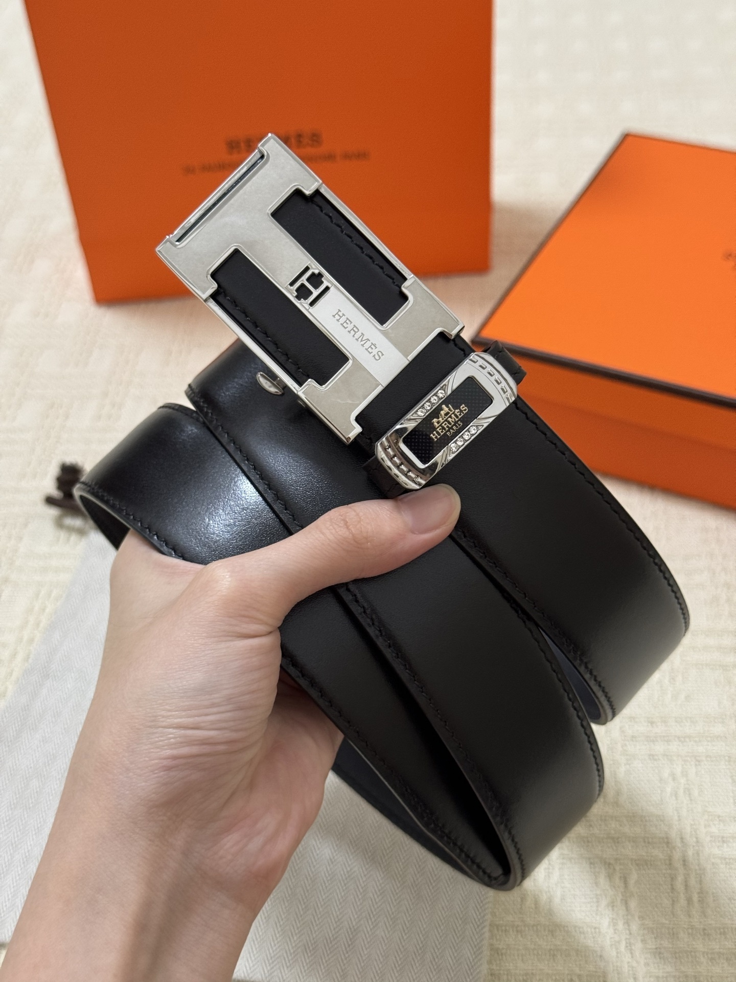 Hermes Men's Premium Black Leather Belt with Silver H Buckle