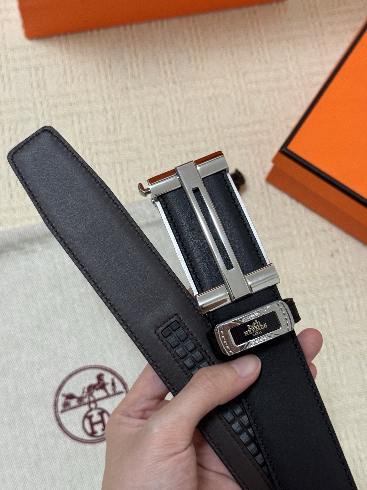 Hermes Men's Black Leather Belt with Silver Buckle - Luxury Accessory