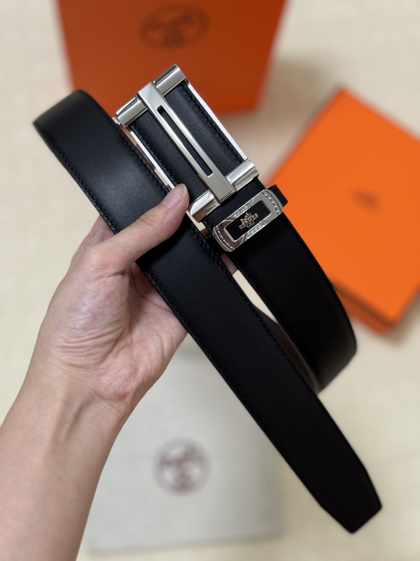 Hermes Men's Black Leather Belt with Silver Buckle - Luxury Accessory