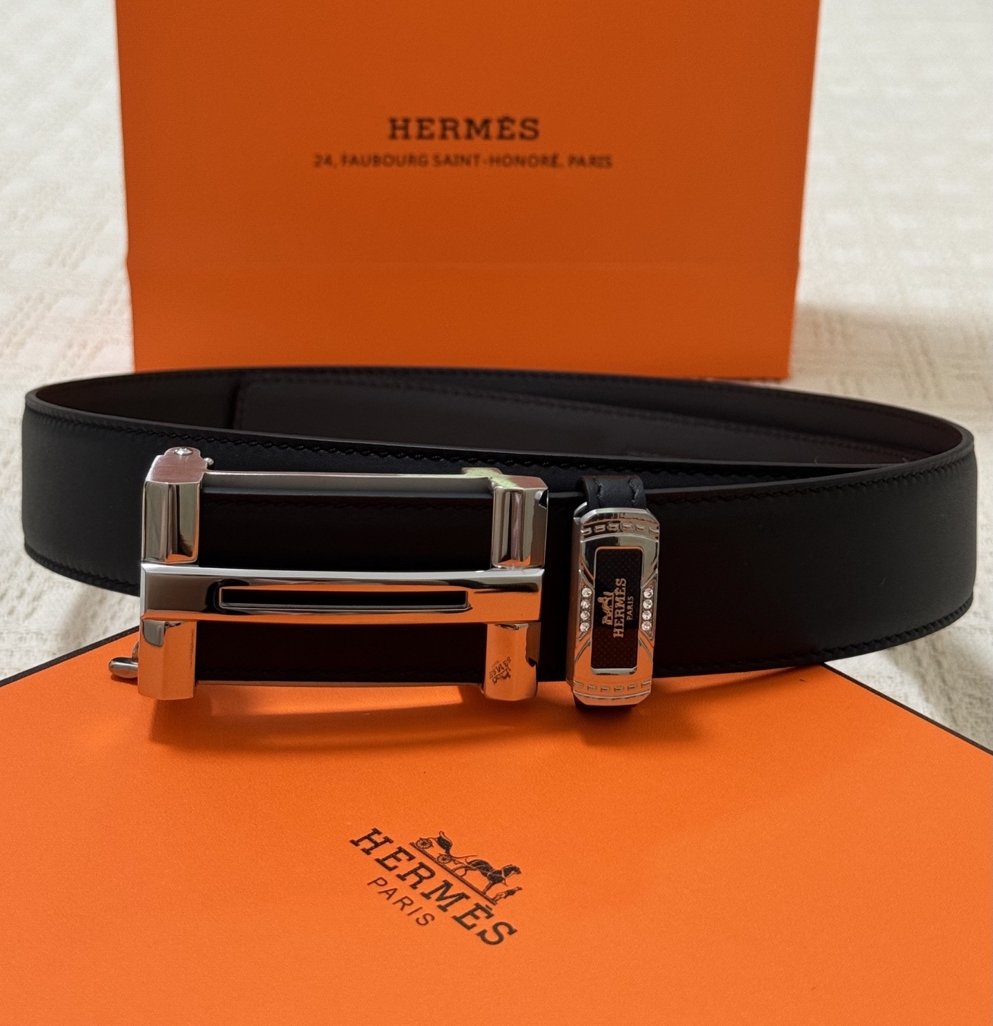 Hermes Men's Black Leather Belt with Silver Buckle - Luxury Accessory