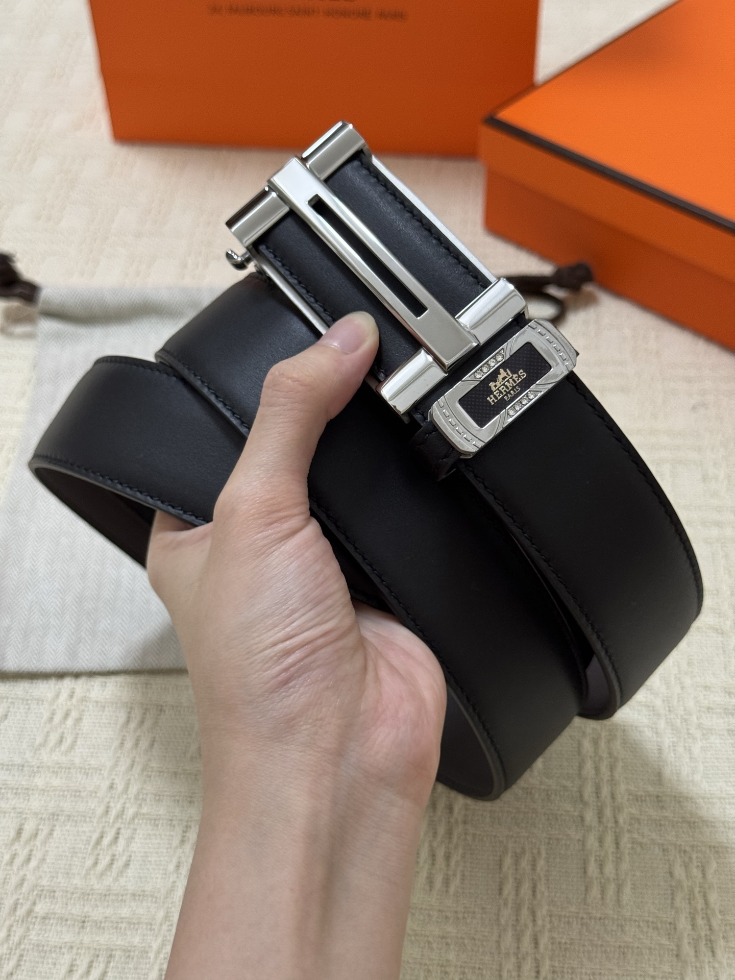 Hermes Men's Black Leather Belt with Silver Buckle - Luxury Accessory