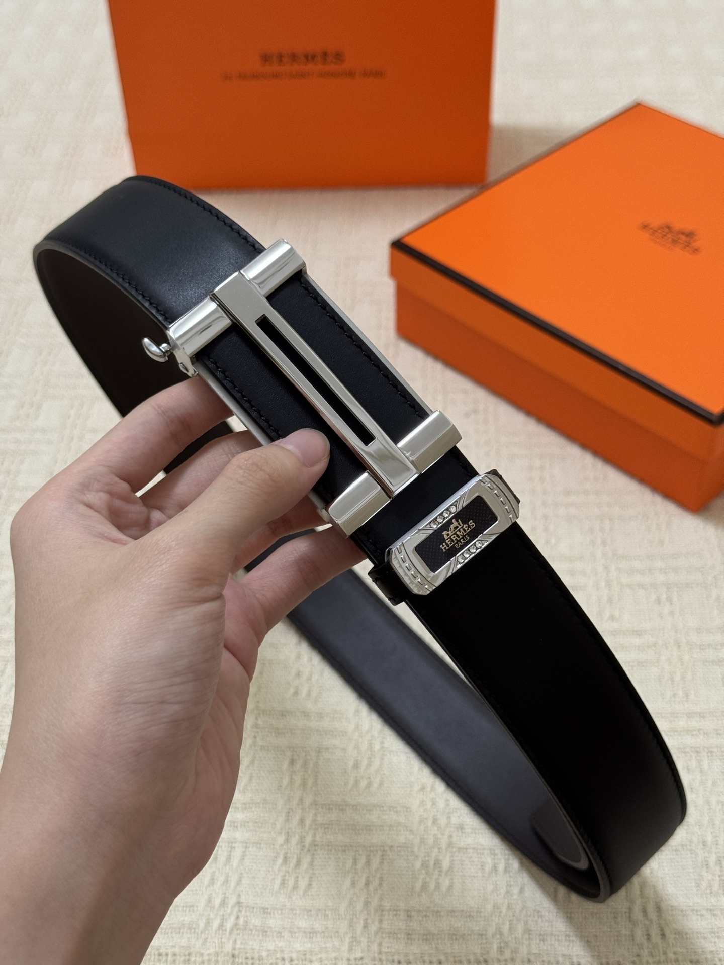 Hermes Men's Black Leather Belt with Silver Buckle - Luxury Accessory