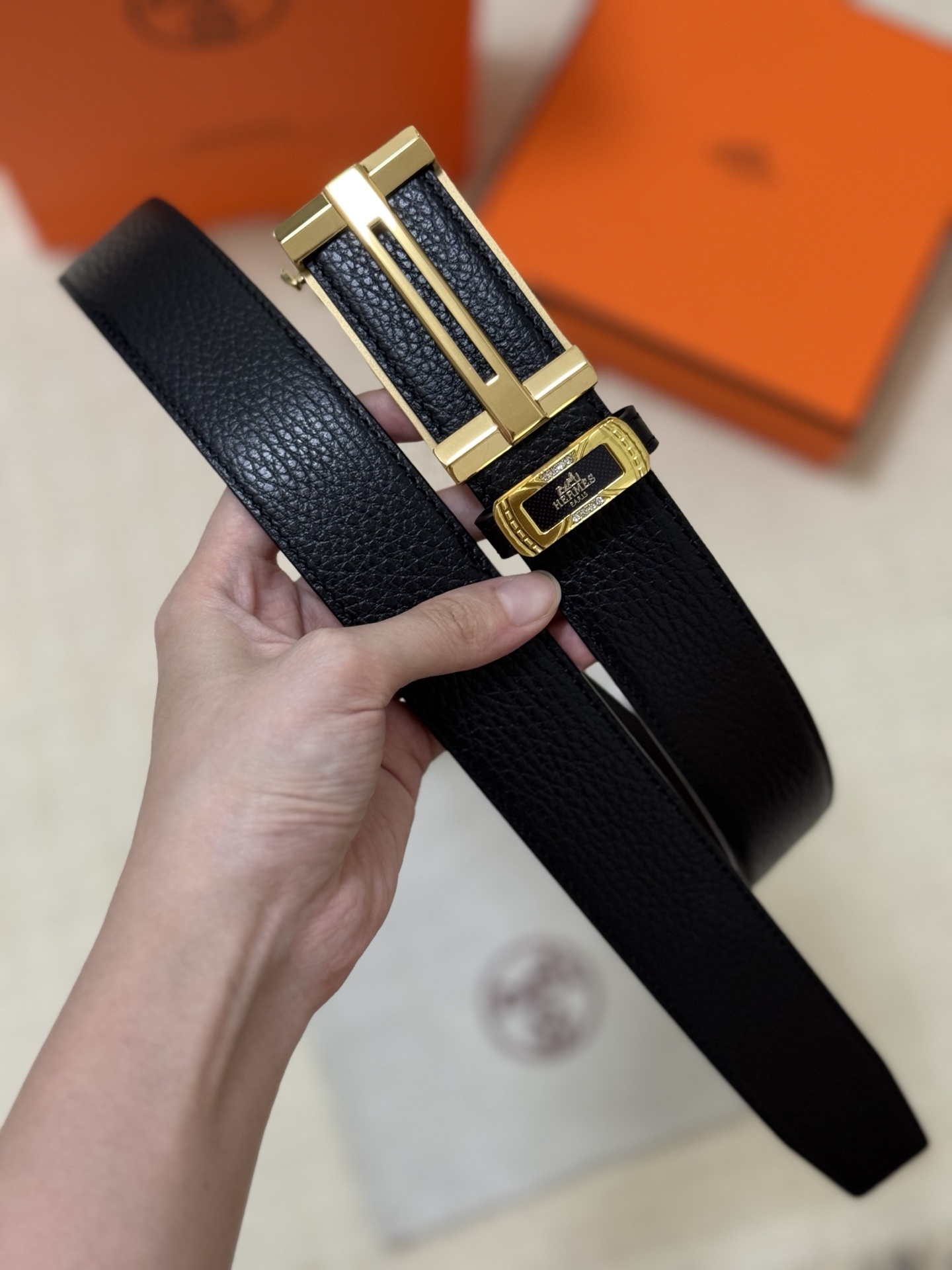 Hermes Men's Black Pebbled Leather Belt with Gold Buckle - Luxury Gift
