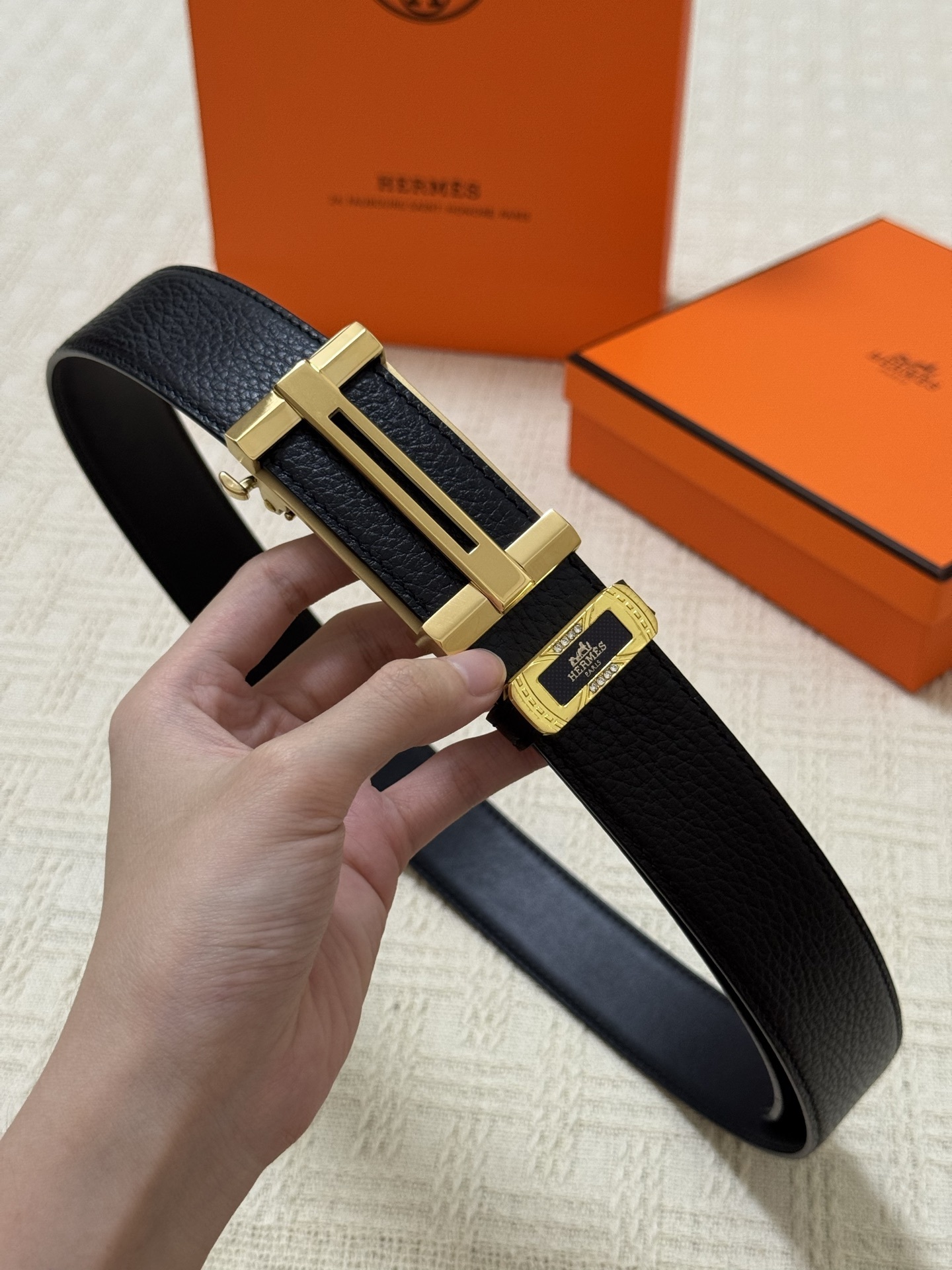Hermes Men's Black Pebbled Leather Belt with Gold Buckle - Luxury Gift