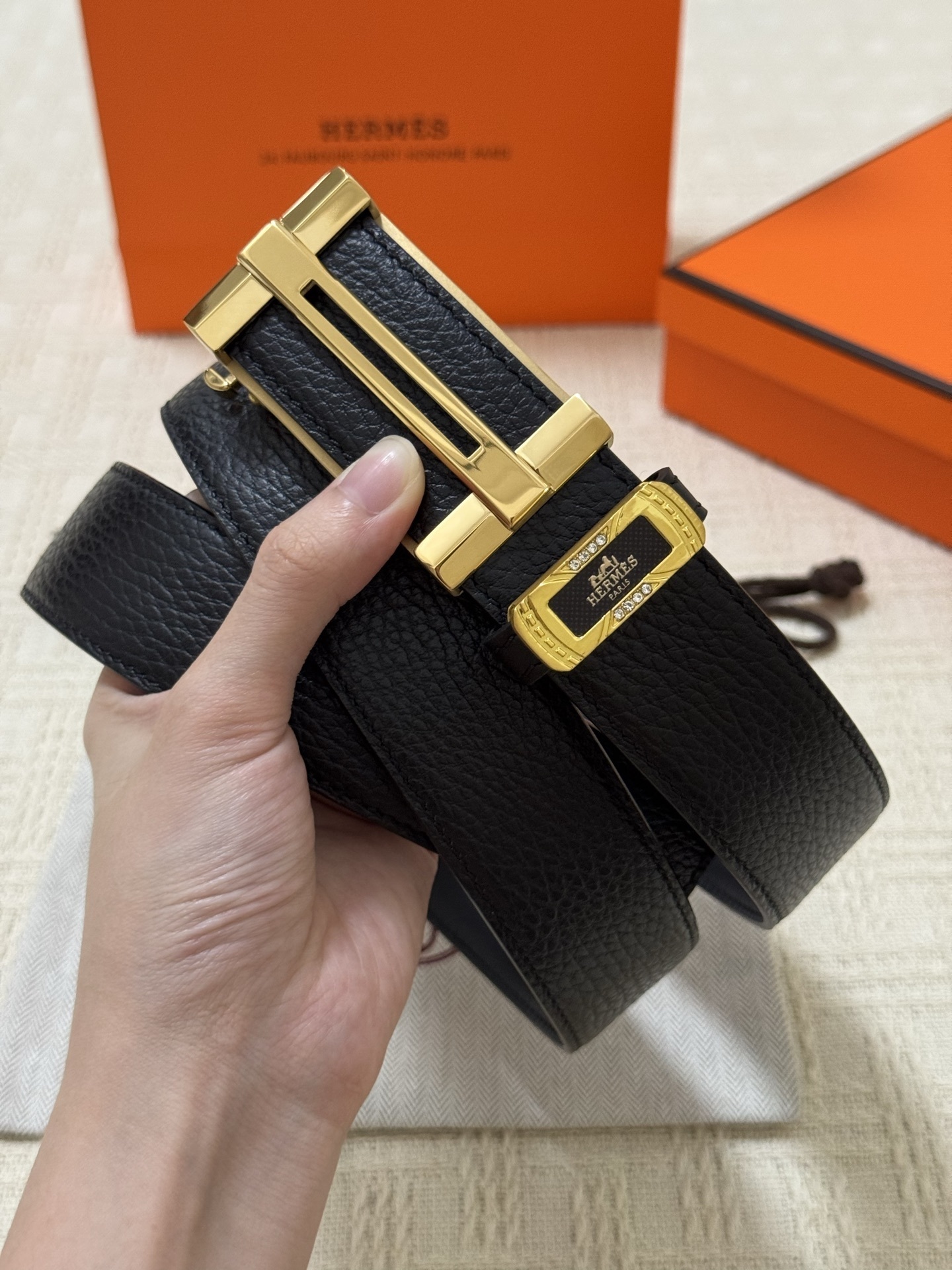 Hermes Men's Black Pebbled Leather Belt with Gold Buckle - Luxury Gift