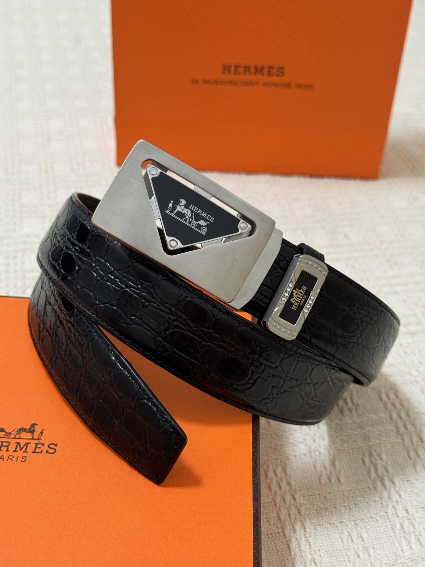 Hermès Black Crocodile Leather Belt with Silver Triangle Buckle