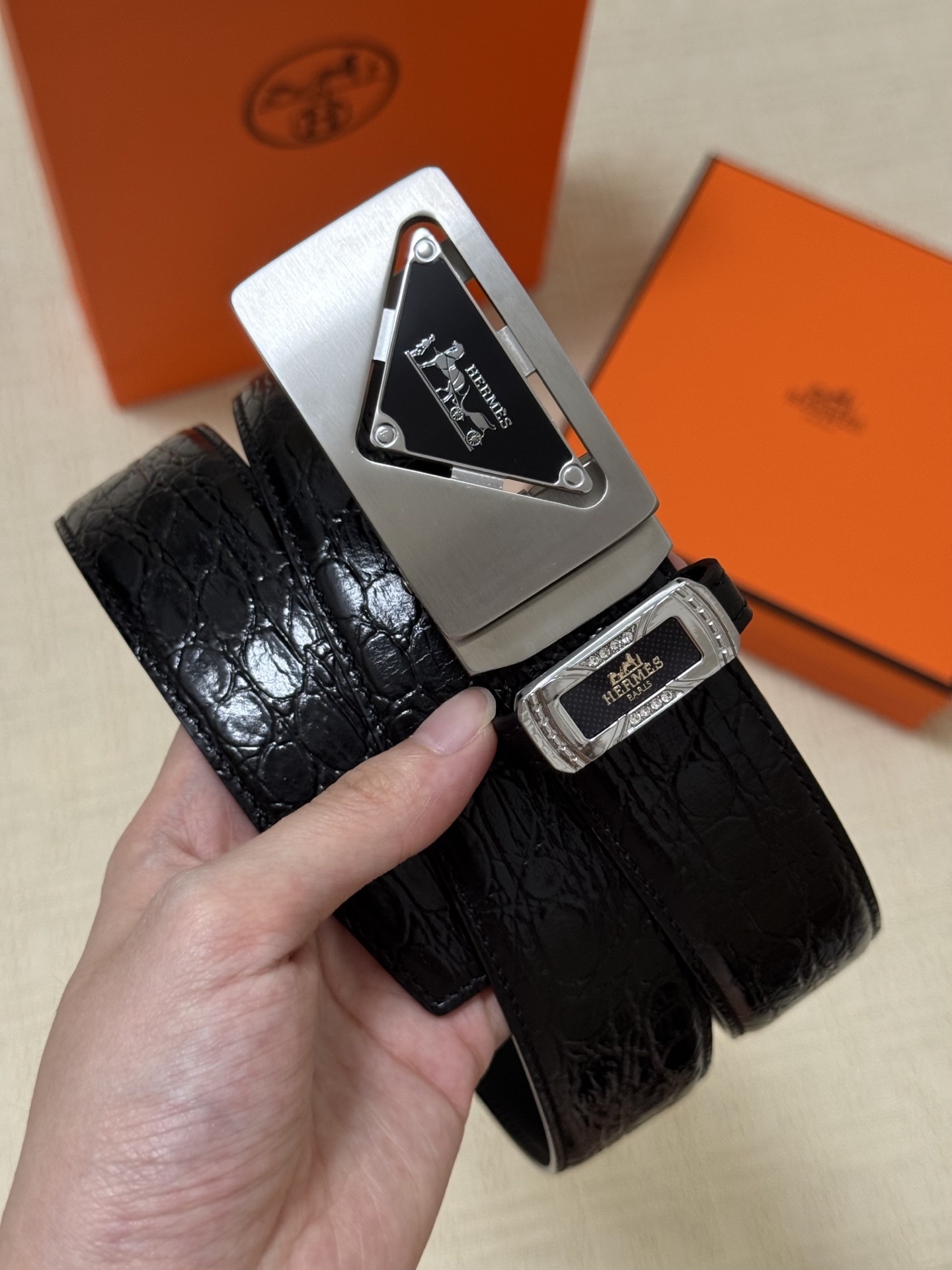 Hermès Black Crocodile Leather Belt with Silver Triangle Buckle