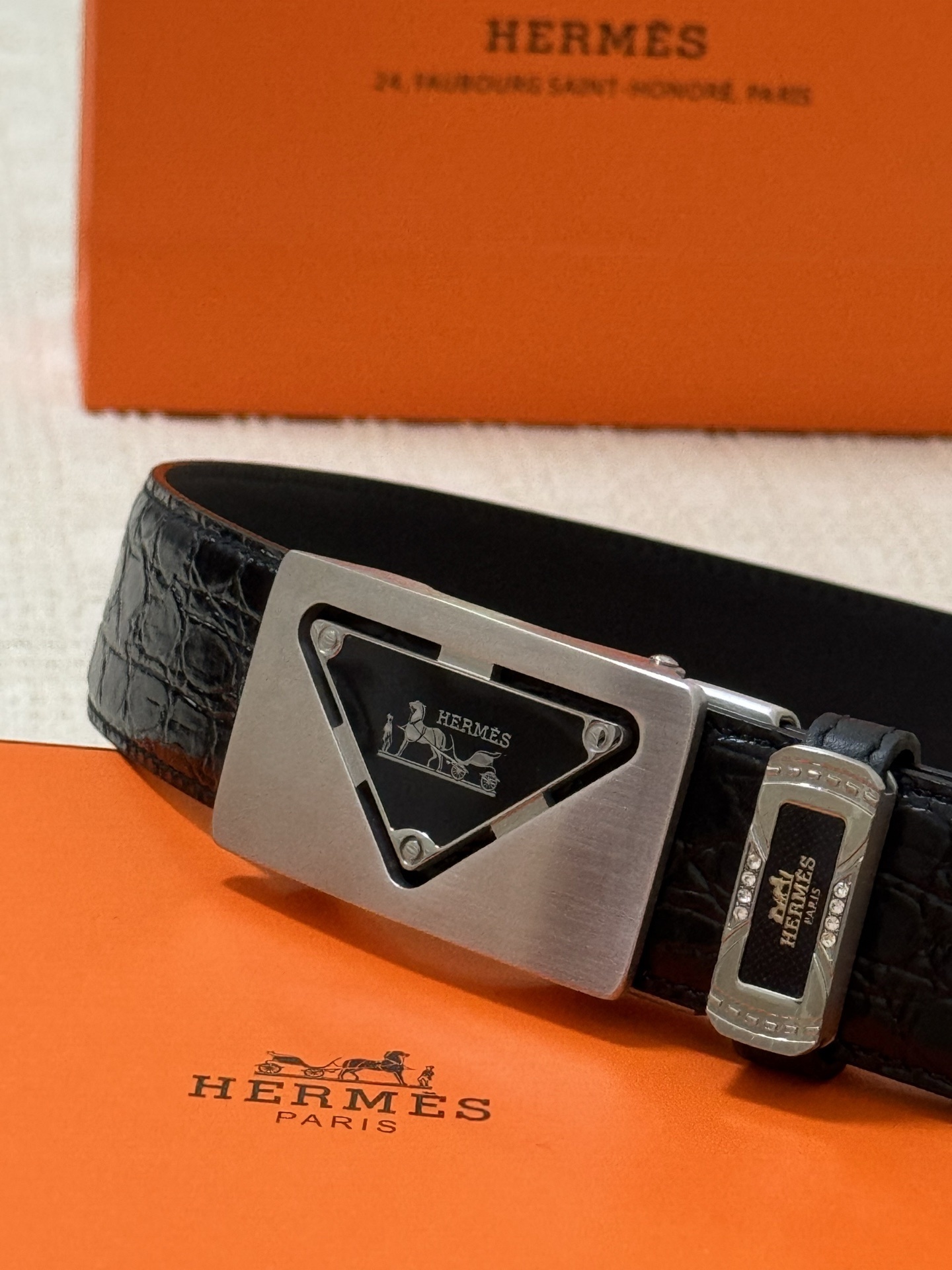 Hermès Black Crocodile Leather Belt with Silver Triangle Buckle