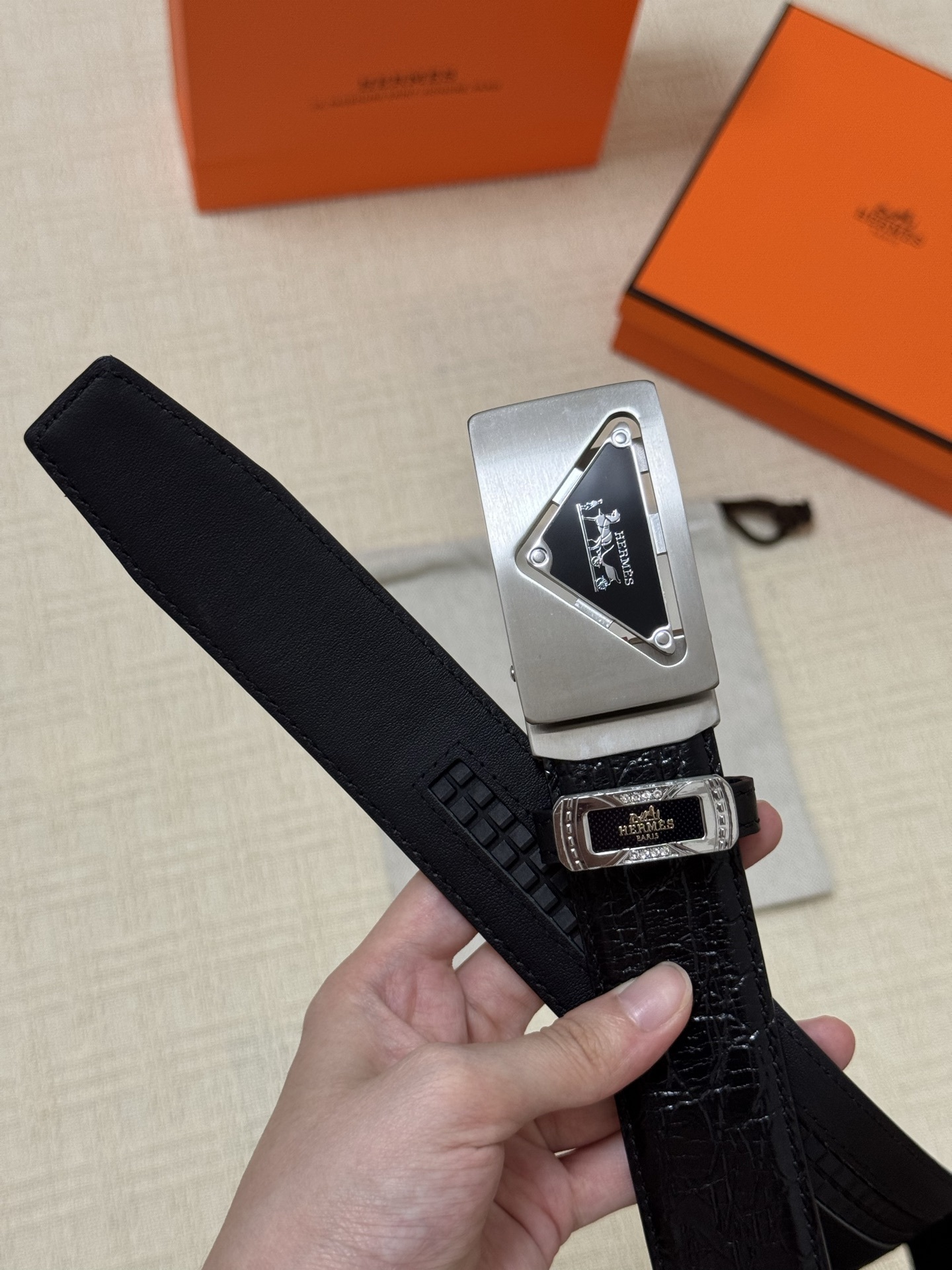 Hermès Black Crocodile Leather Belt with Silver Triangle Buckle