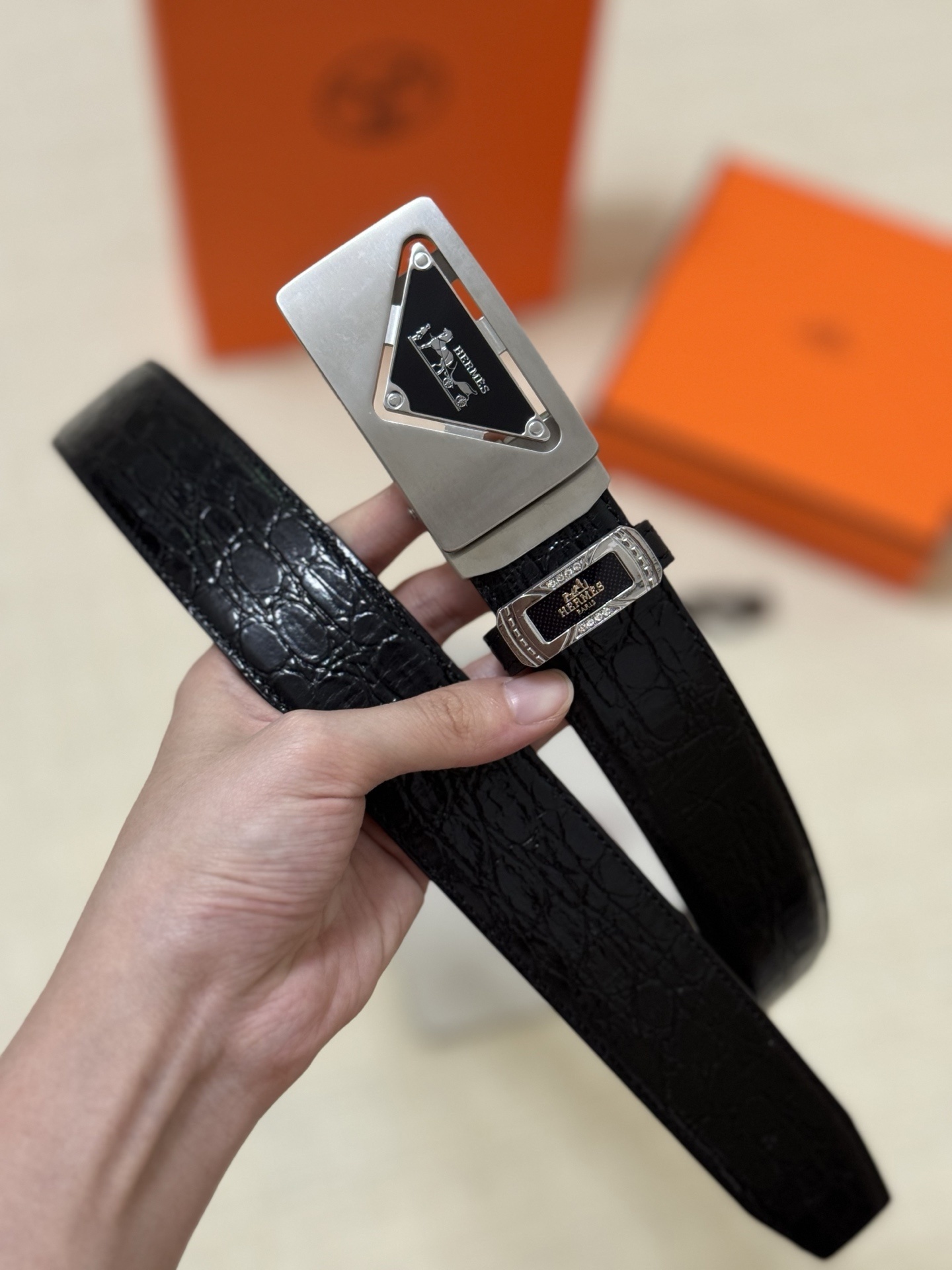 Hermès Black Crocodile Leather Belt with Silver Triangle Buckle