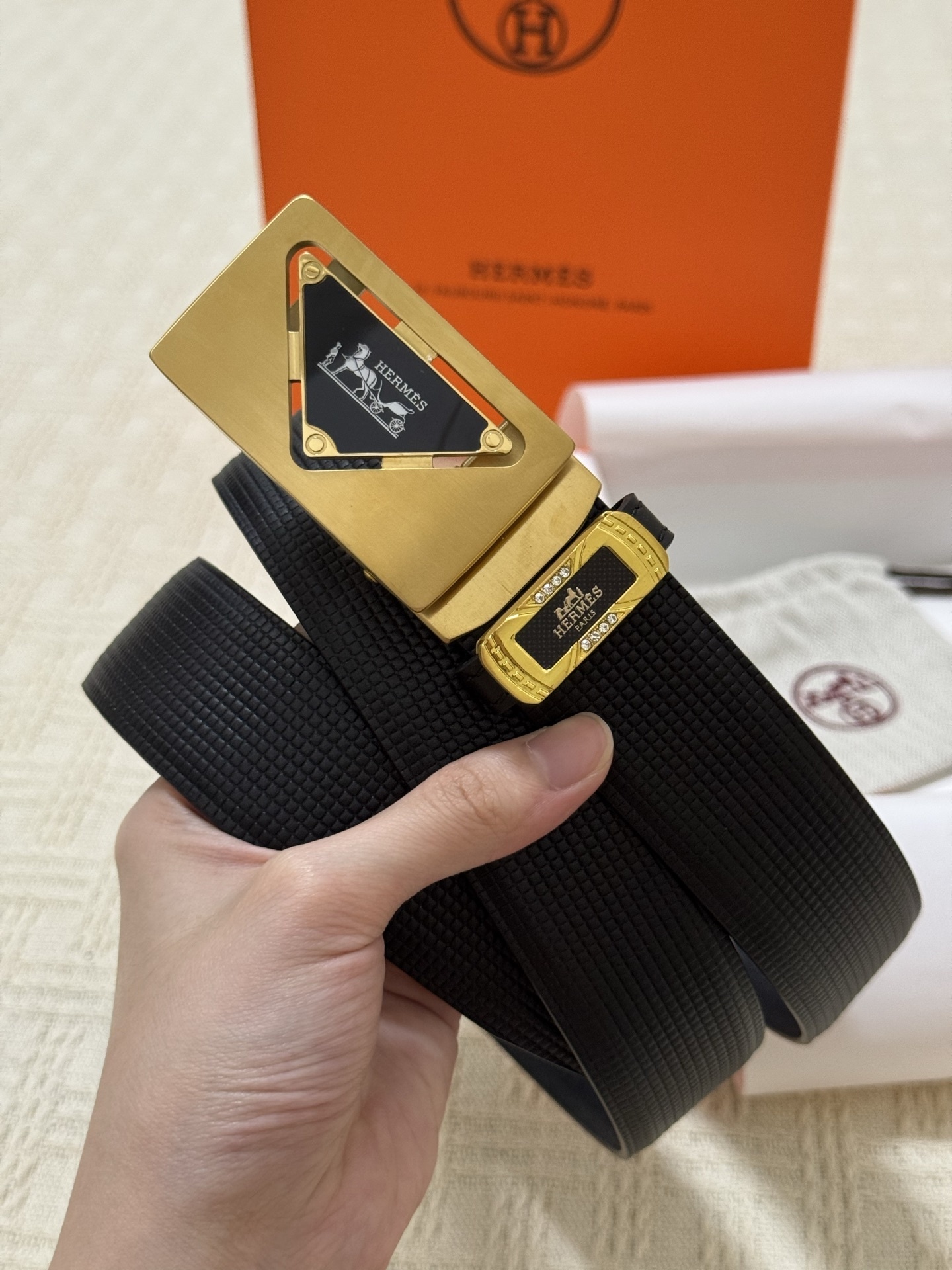 Hermès Men's Black Textured Leather Belt with Gold Triangle Buckle