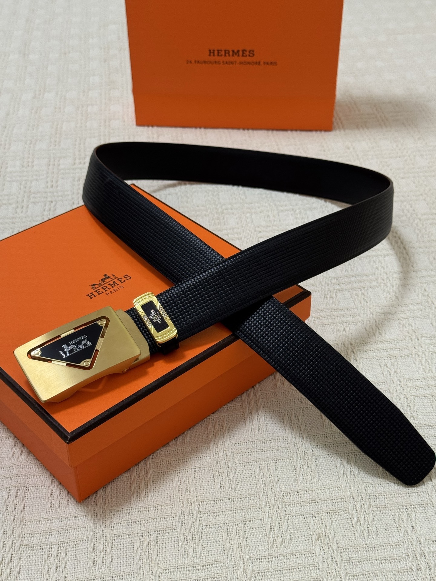 Hermès Men’s Black Textured Leather Belt with Gold Triangle Buckle