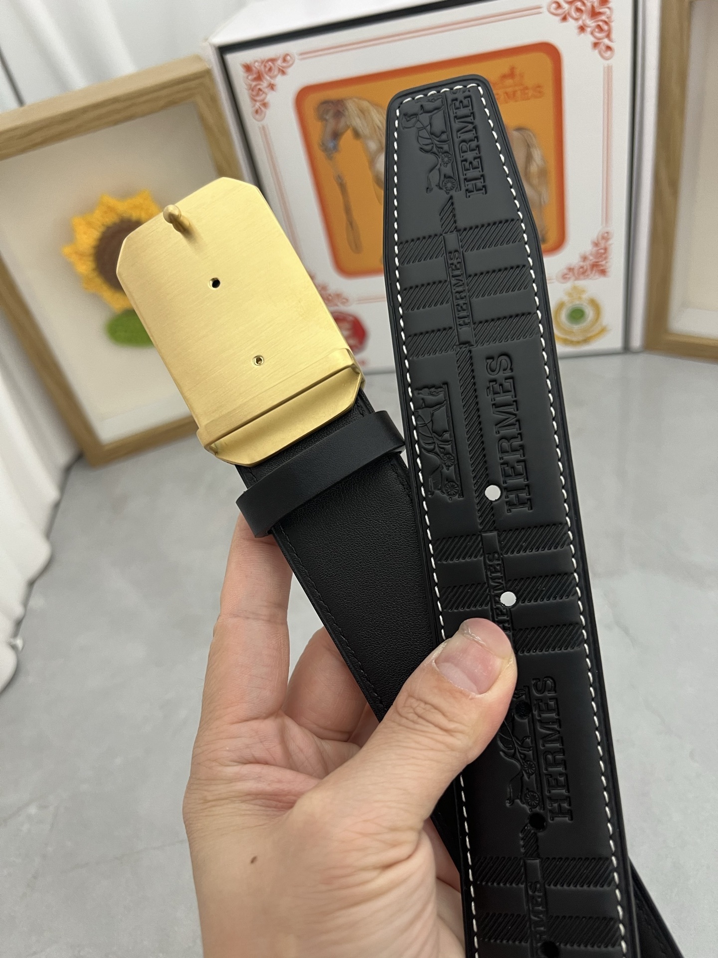 Luxury Hermes Men's Black Leather Belt with Gold H Buckle