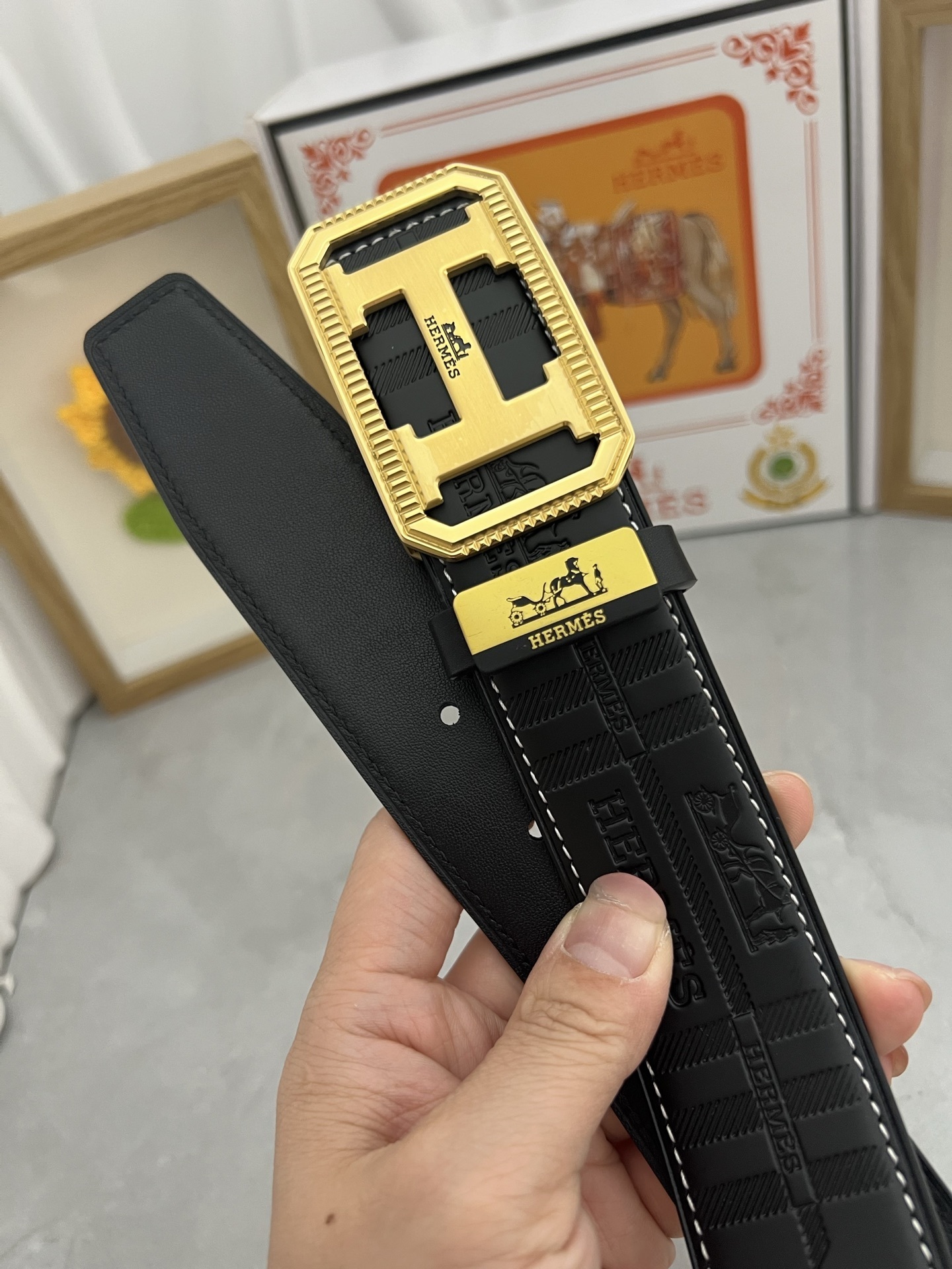 Luxury Hermes Men's Black Leather Belt with Gold H Buckle