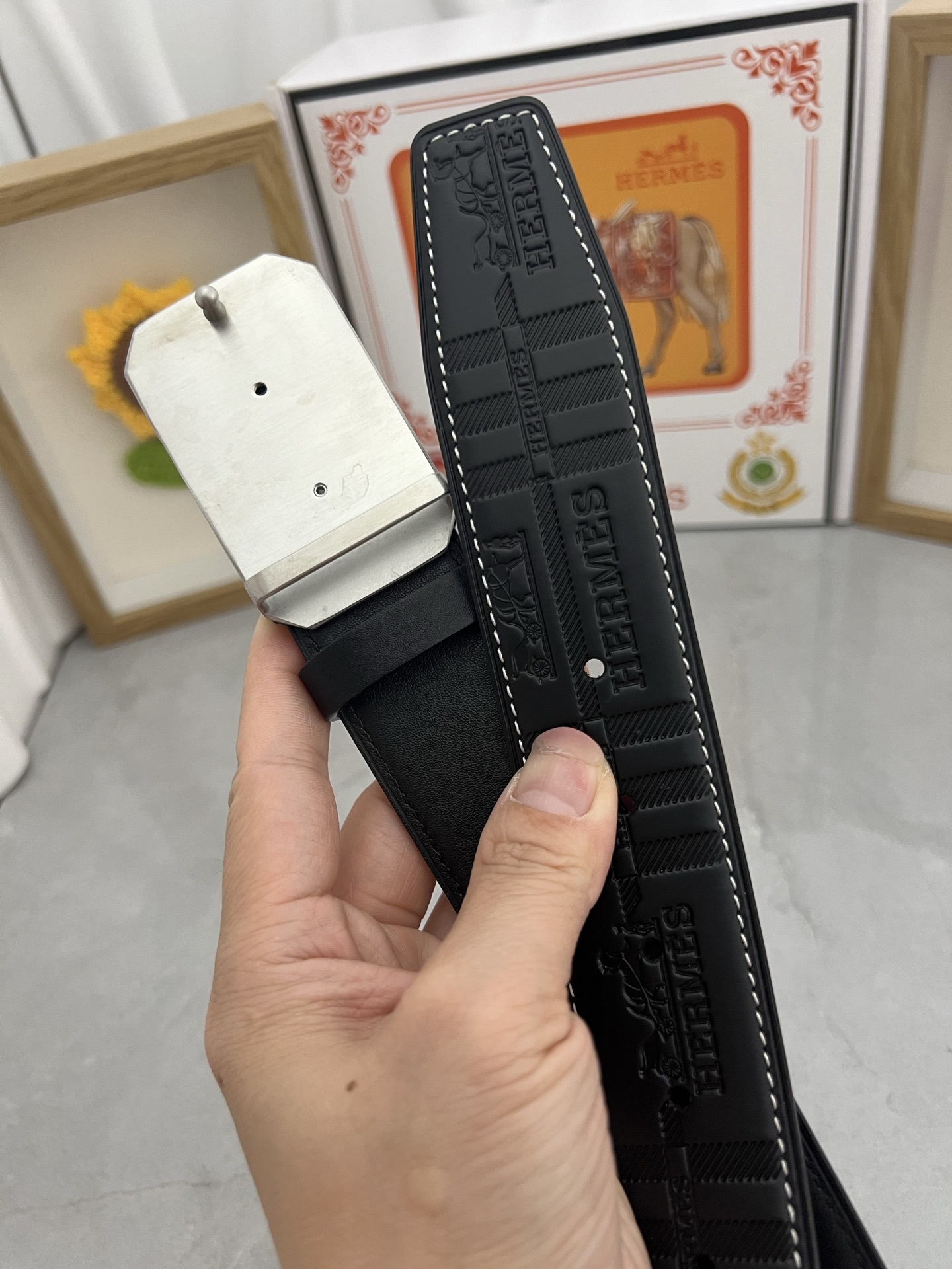 Hermes Men's Embossed Leather Belt with Silver-Tone H Buckle