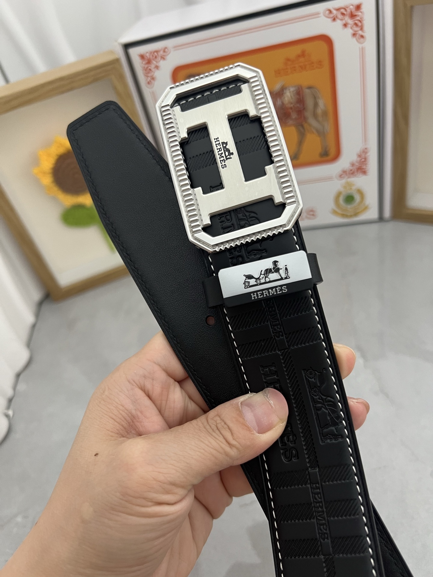 Hermes Men's Embossed Leather Belt with Silver-Tone H Buckle