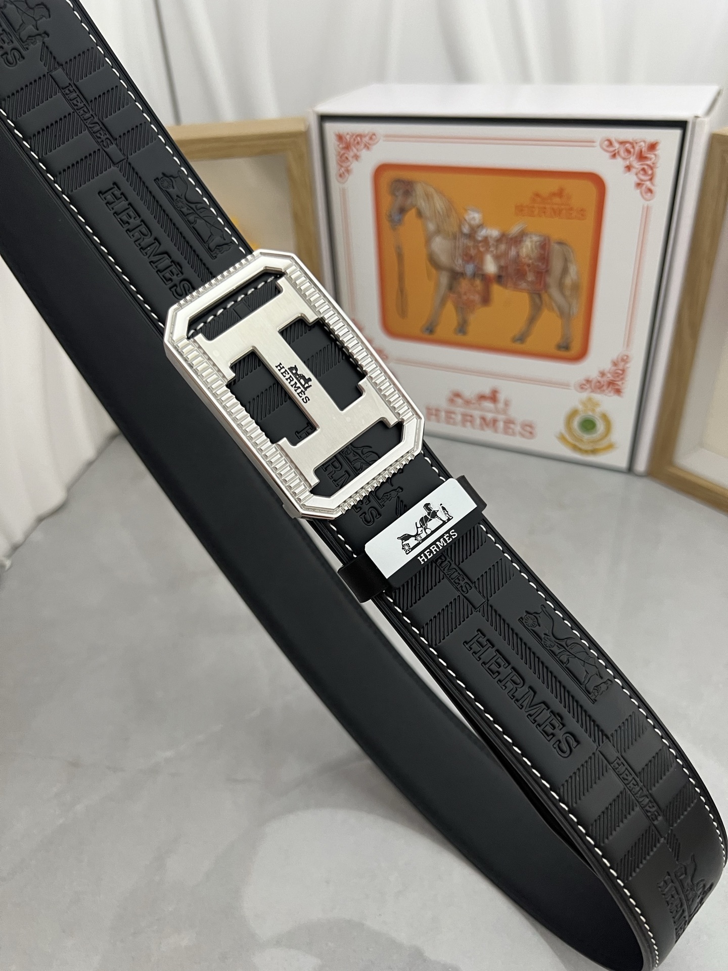 Hermes Men's Embossed Leather Belt with Silver-Tone H Buckle