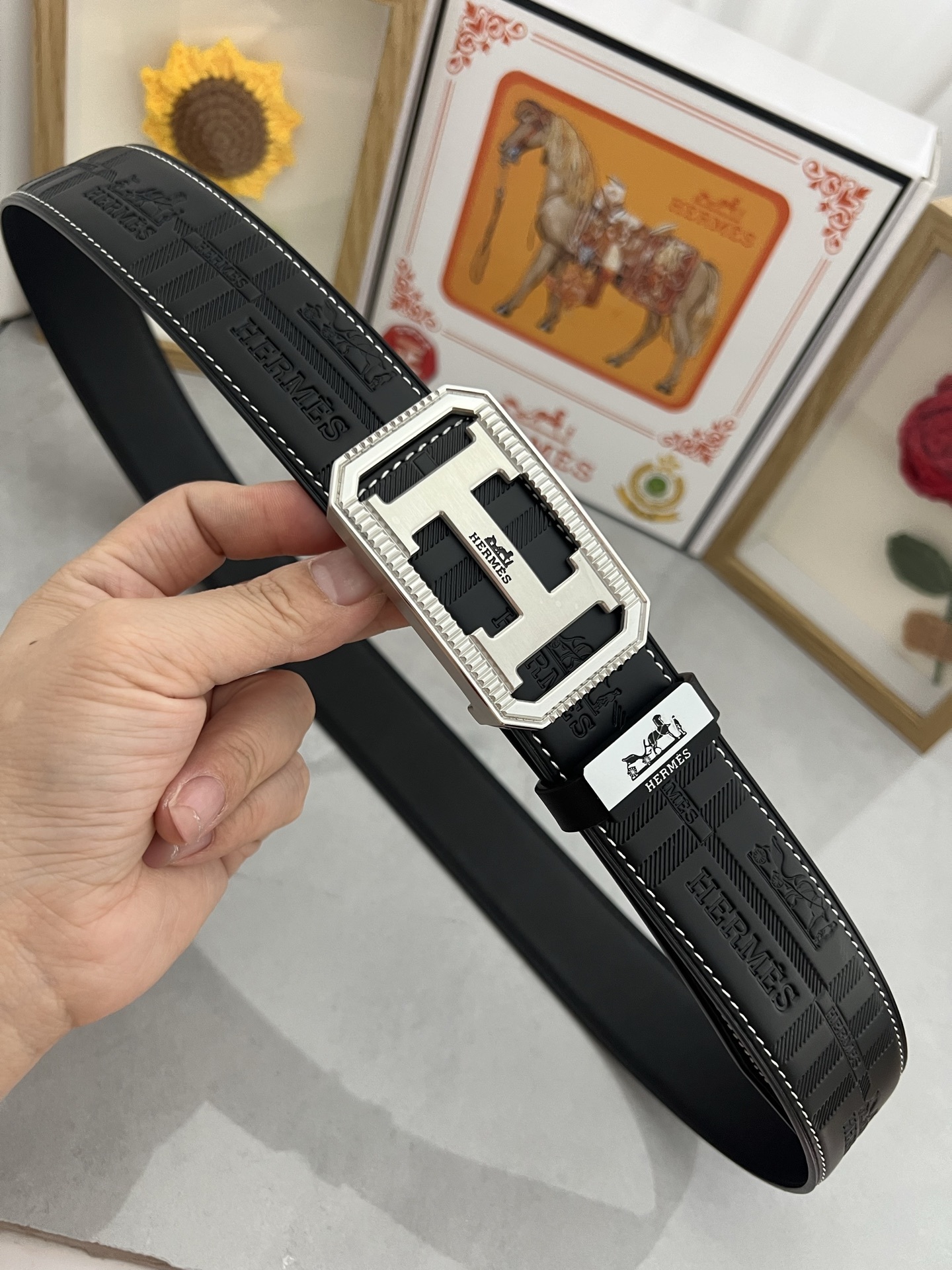 Hermes Men's Embossed Leather Belt with Silver-Tone H Buckle