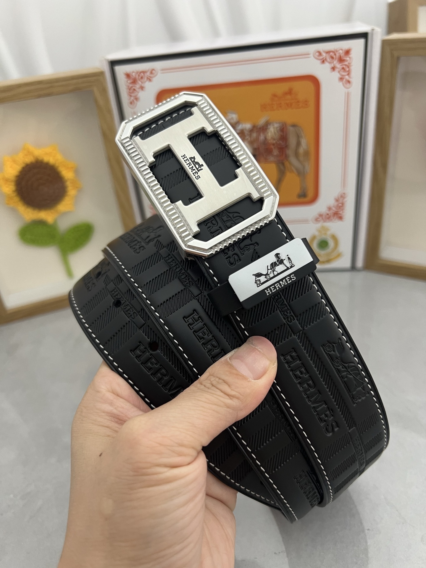 Hermes Men’s Embossed Leather Belt with Silver-Tone H Buckle