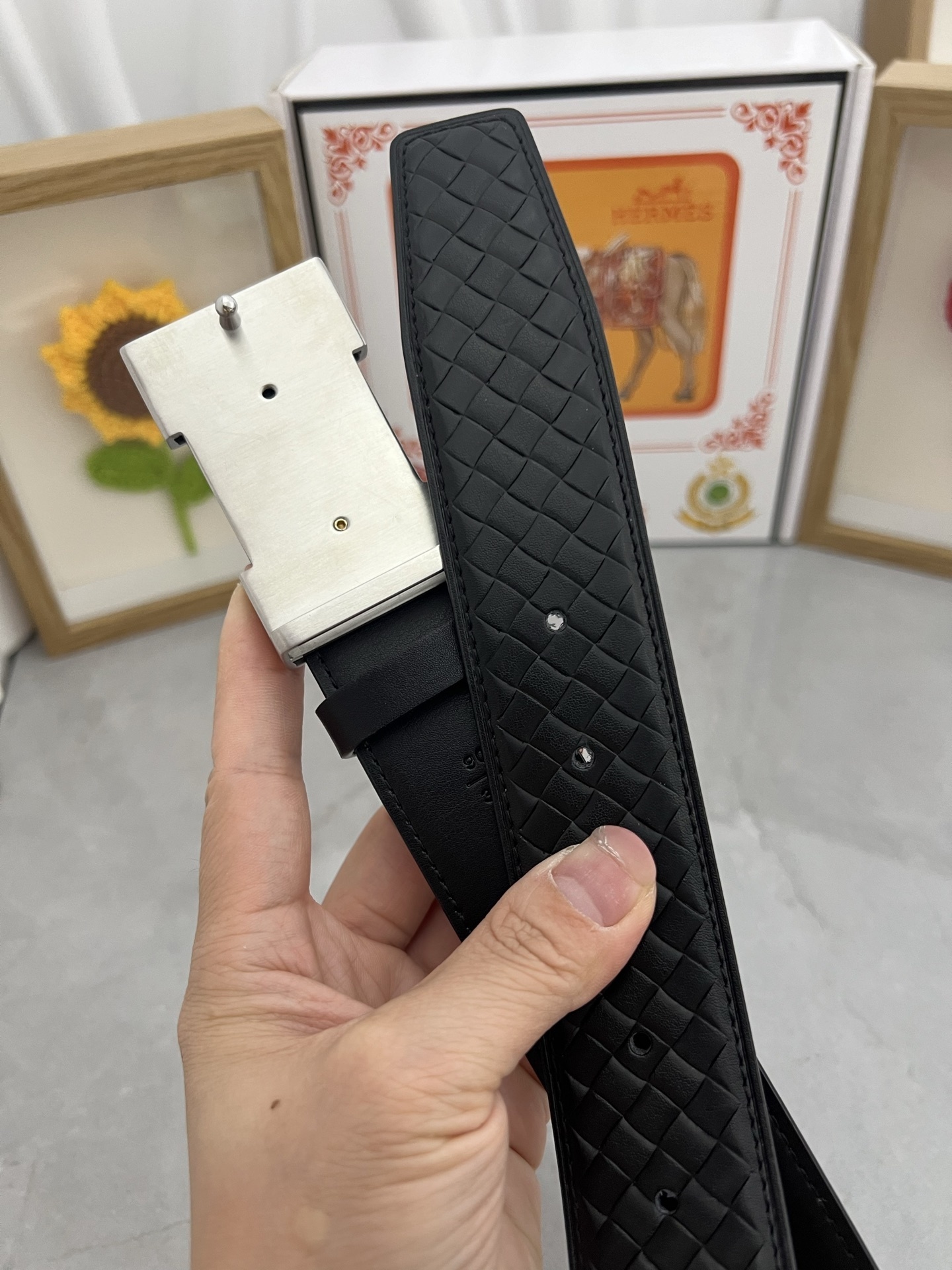 Luxury Men's Woven Leather Belt with Iconic Silver H-Buckle - Black