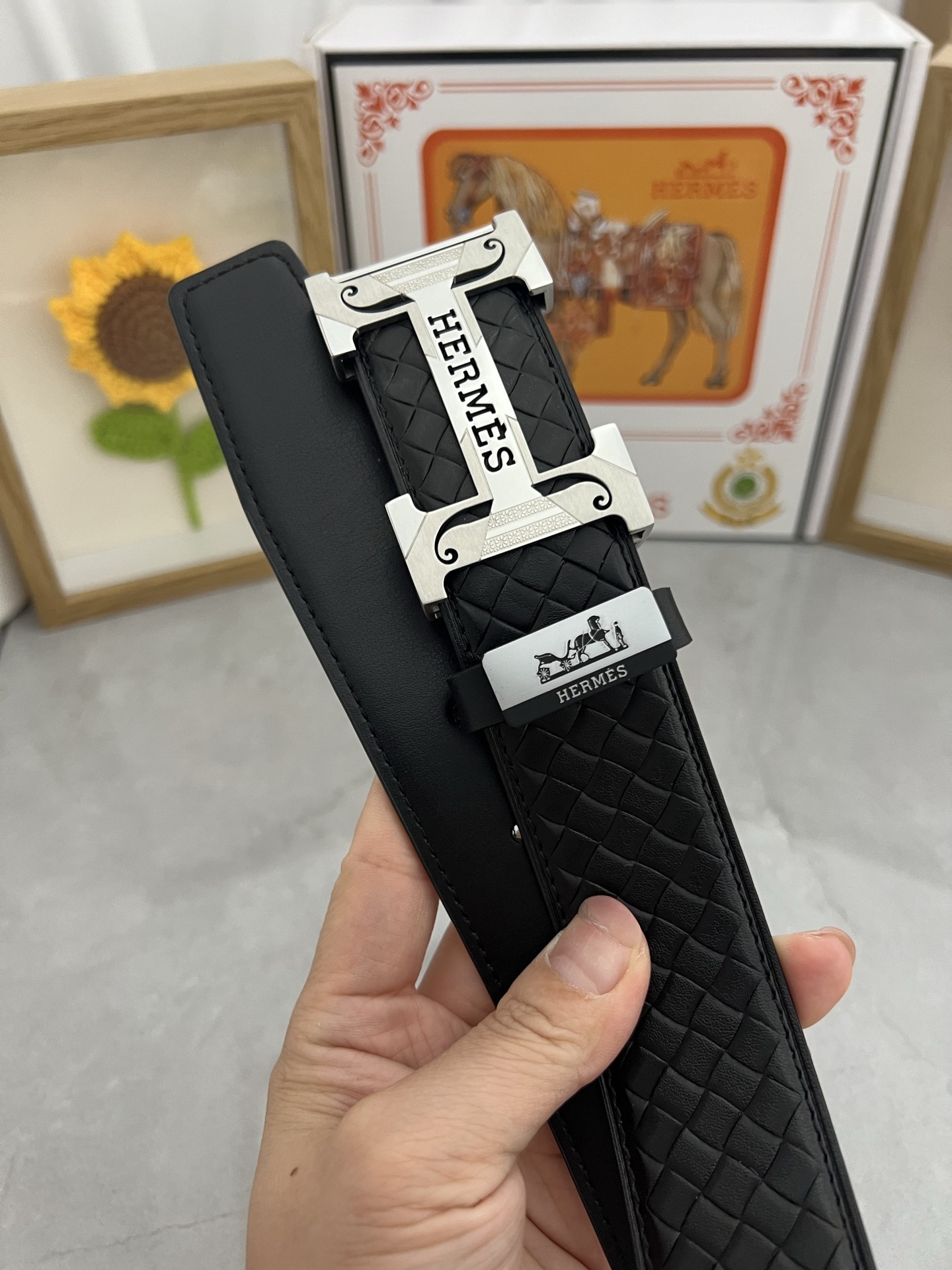 Luxury Men's Woven Leather Belt with Iconic Silver H-Buckle - Black