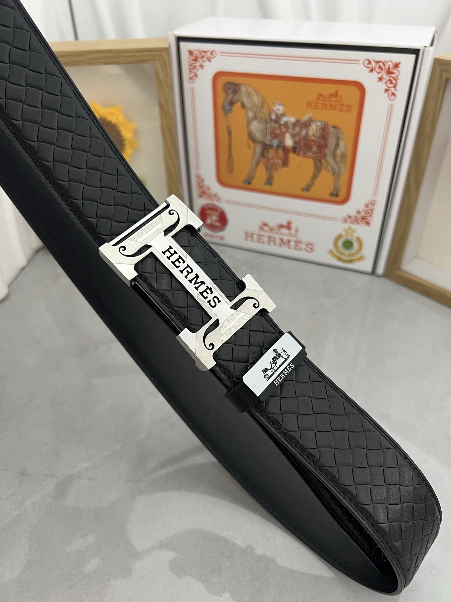 Luxury Men's Woven Leather Belt with Iconic Silver H-Buckle - Black