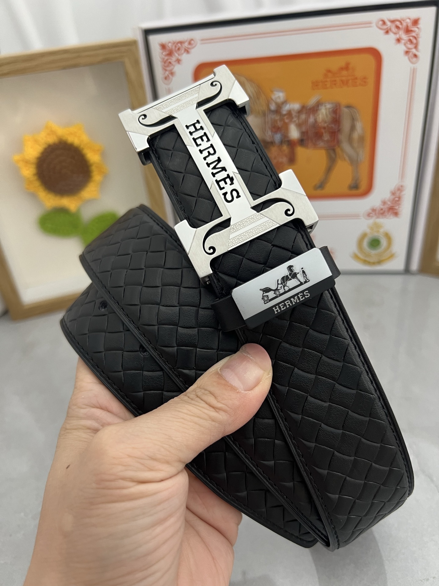 Luxury Hermes Men's Belt - Woven Leather with Iconic H Buckle