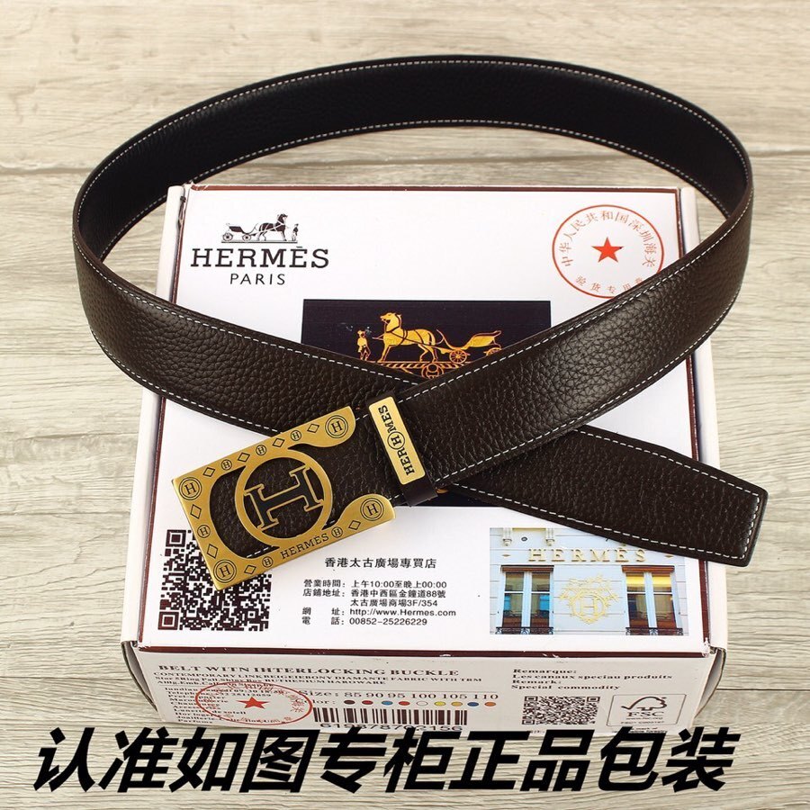 Hermes Men's Premium Pebbled Leather Belt with Gold H Buckle