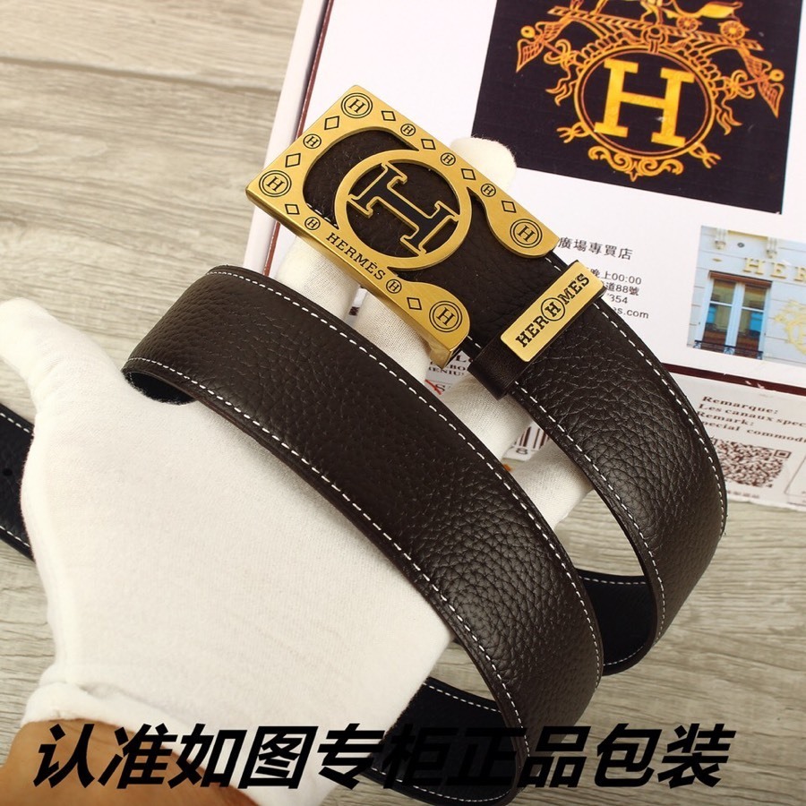Hermes Men's Premium Pebbled Leather Belt with Gold H Buckle