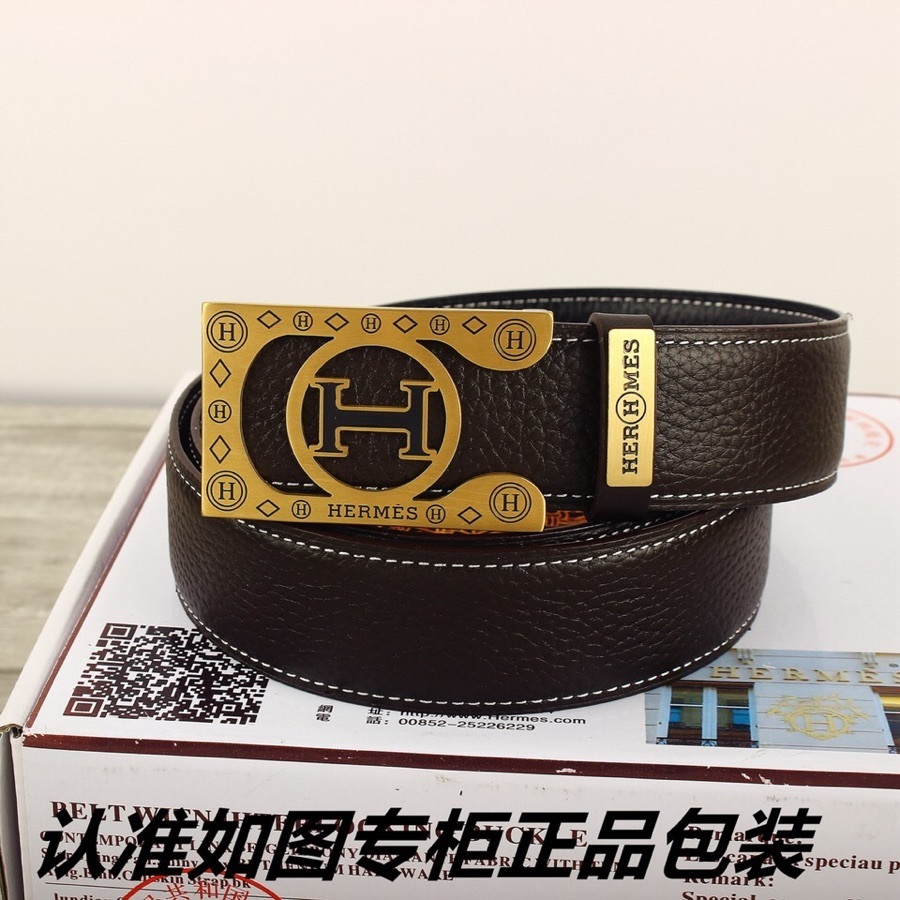 Hermes Men's Premium Pebbled Leather Belt with Gold H Buckle