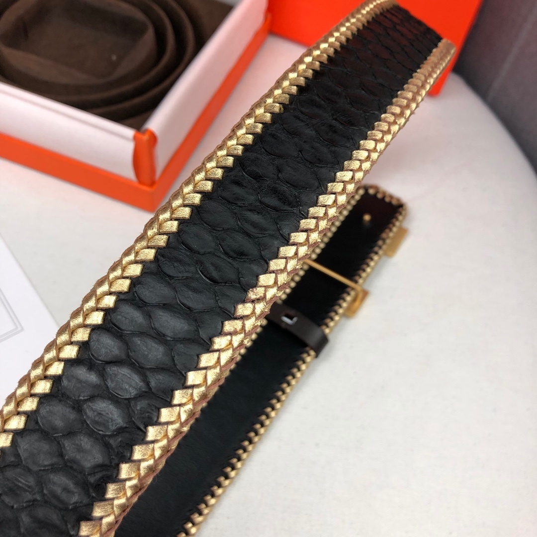 Hermes Luxury H Buckle Belt - Gold Braided Trim Black Leather