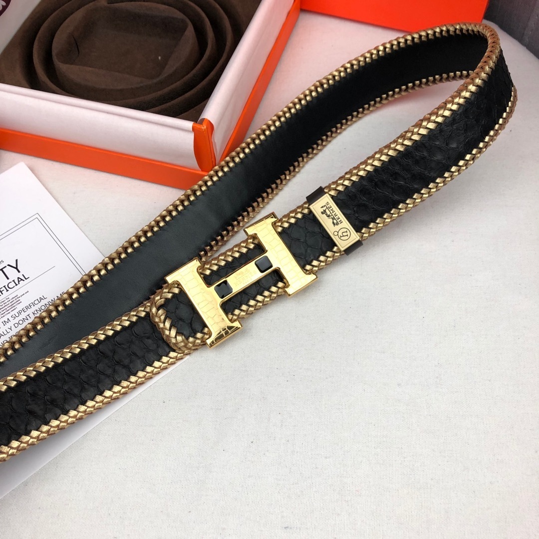 Hermes Luxury H Buckle Belt - Gold Braided Trim Black Leather