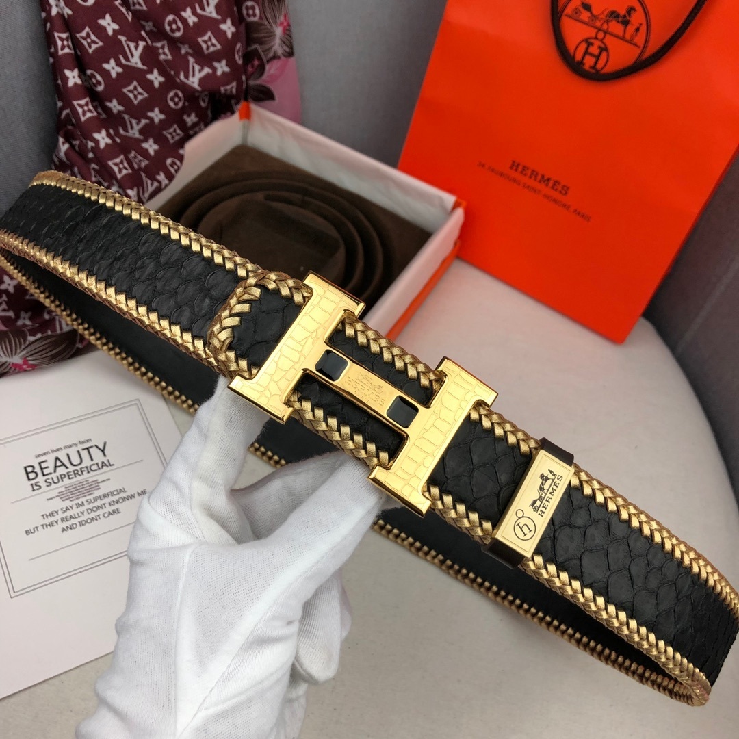 Hermes Luxury H Buckle Belt - Gold Braided Trim Black Leather