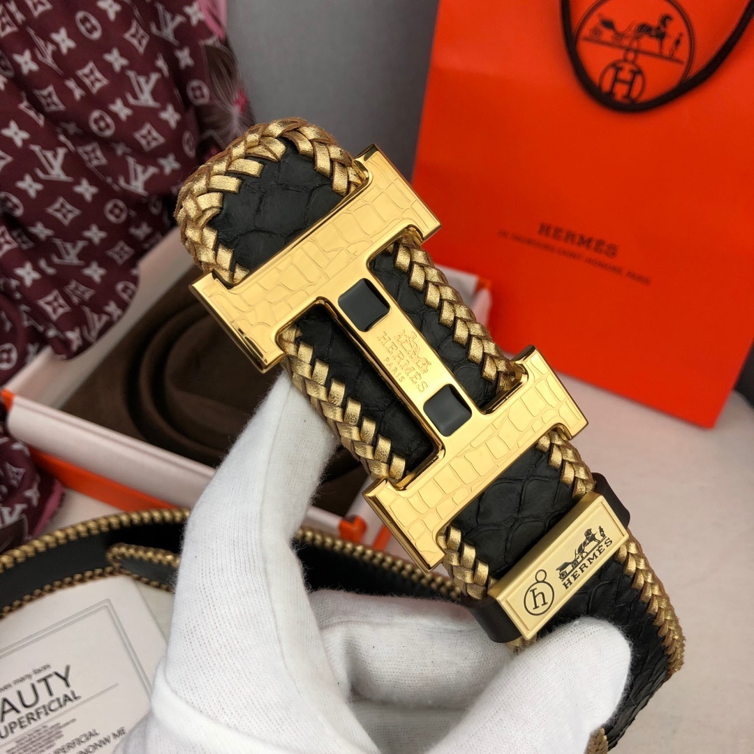 Hermes Luxury H Buckle Belt - Gold Braided Trim Black Leather