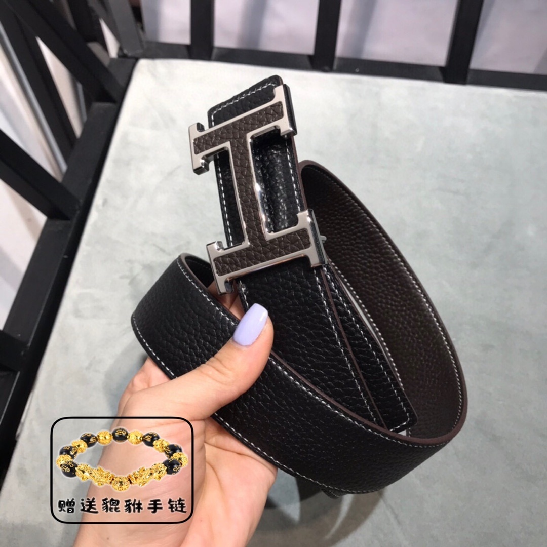 Men's Luxury H Buckle Leather Belt - Brown Designer Belt with Gift
