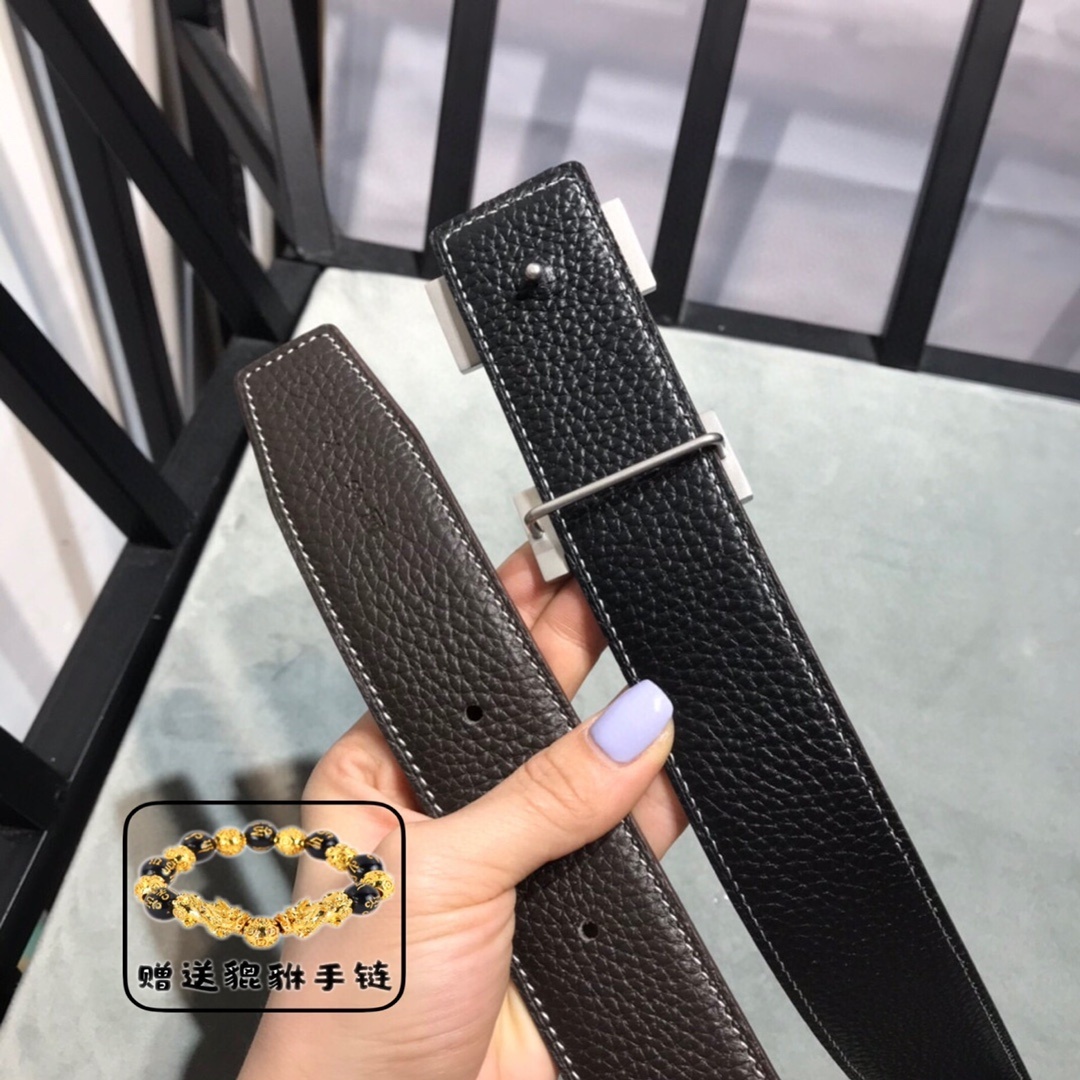 Men's Luxury H Buckle Leather Belt - Brown Designer Belt with Gift