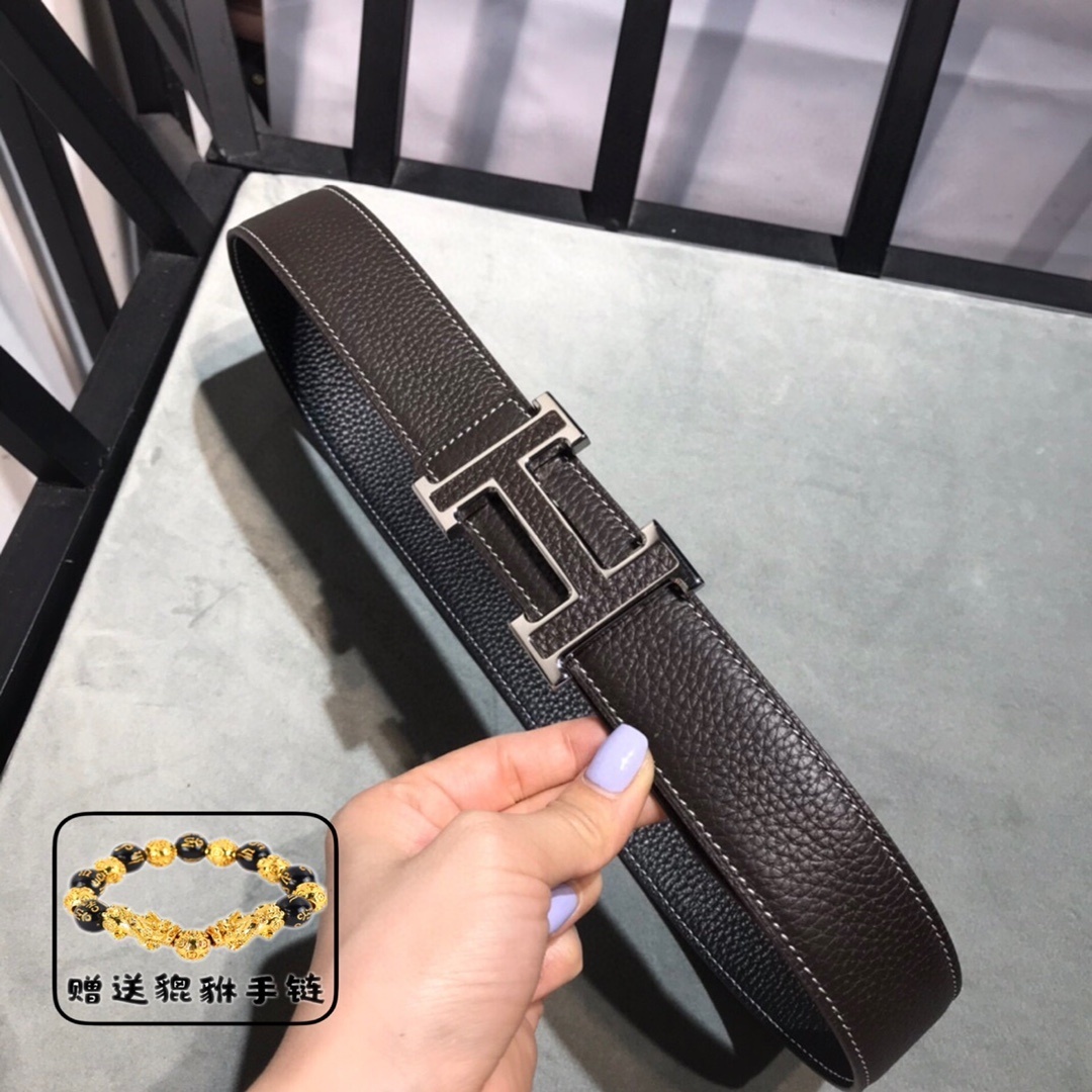 Men's Luxury H Buckle Leather Belt - Brown Designer Belt with Gift