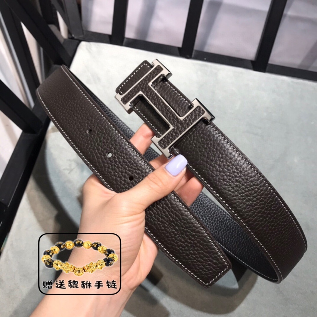 Men’s Luxury H Buckle Leather Belt – Brown Designer Belt with Gift