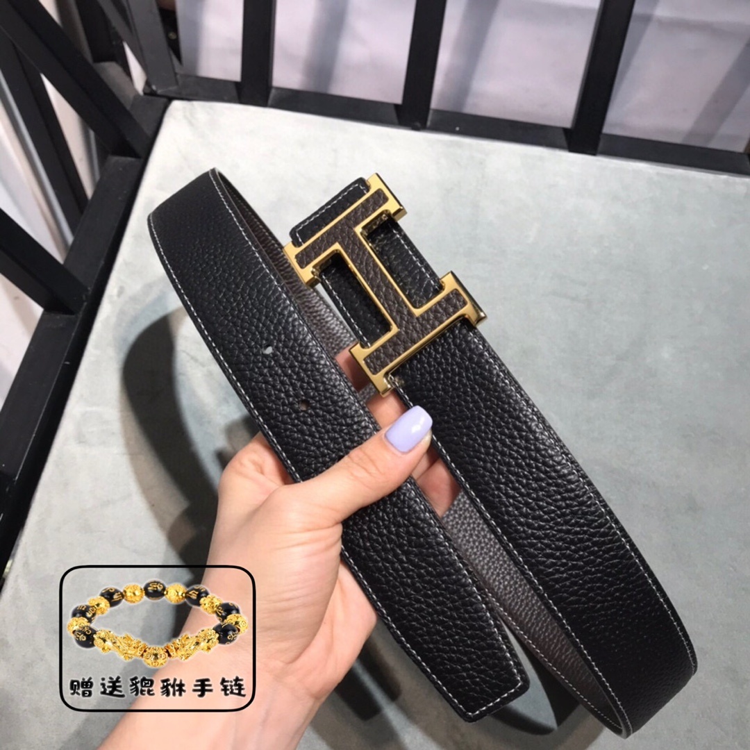 Premium Men's Leather Belt Gold H Buckle + Free Pixiu Bracelet