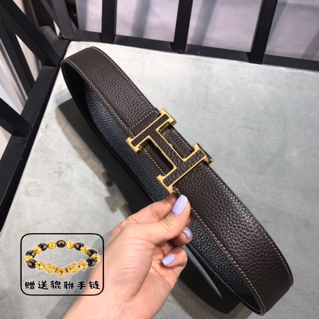 Premium Men's Leather Belt Gold H Buckle + Free Pixiu Bracelet