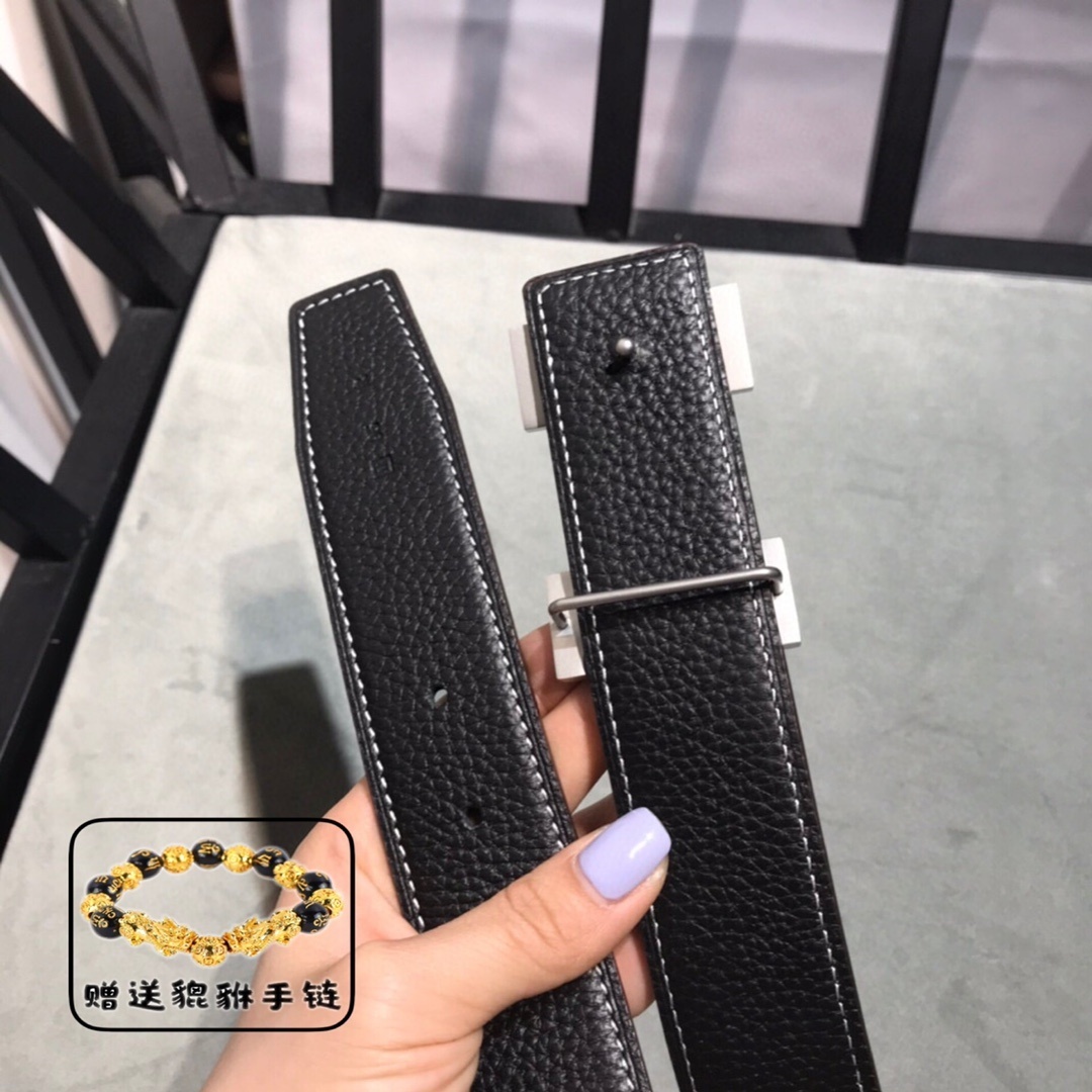 Premium Leather H Buckle Belt - Classic Black with Silver Finish