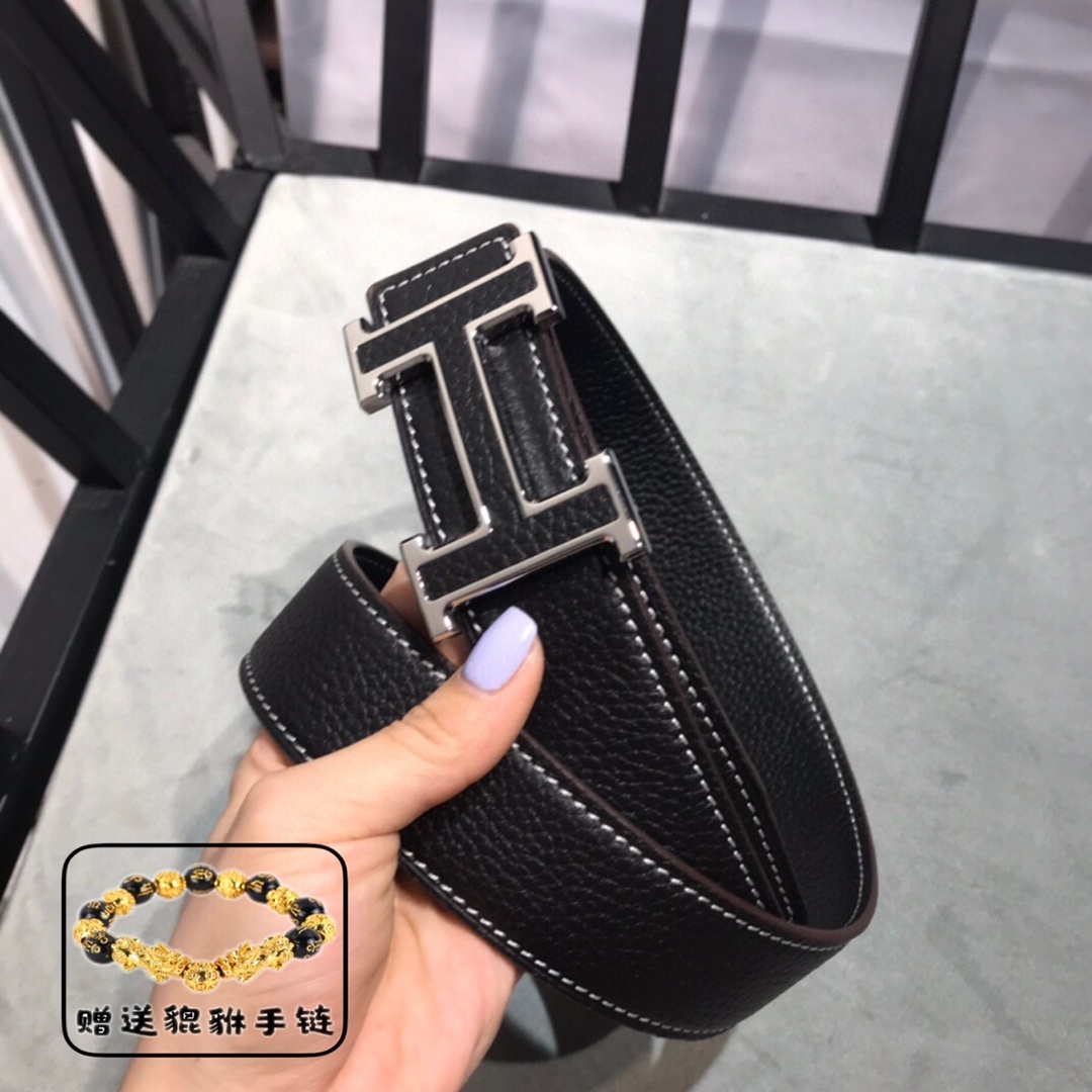 Premium Leather H Buckle Belt - Classic Black with Silver Finish