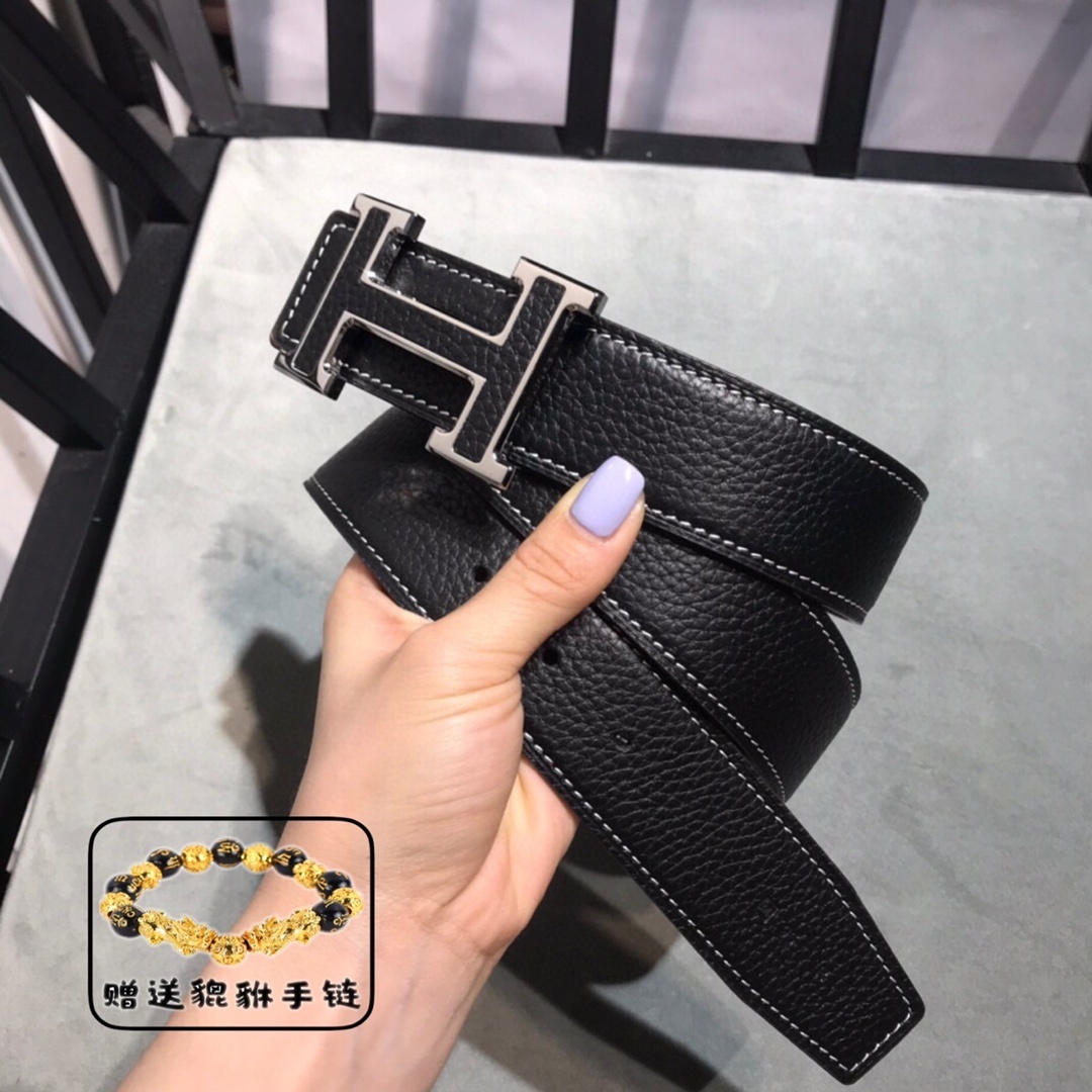 Premium Leather H Buckle Belt - Classic Black with Silver Finish