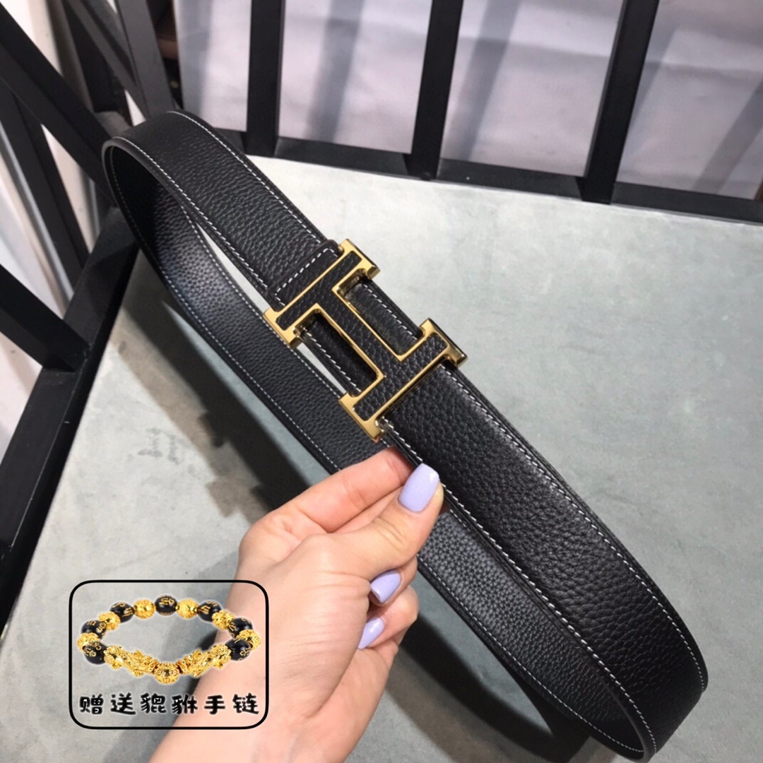 Premium Men's Leather Belt Gold H Buckle - Includes Free Bracelet