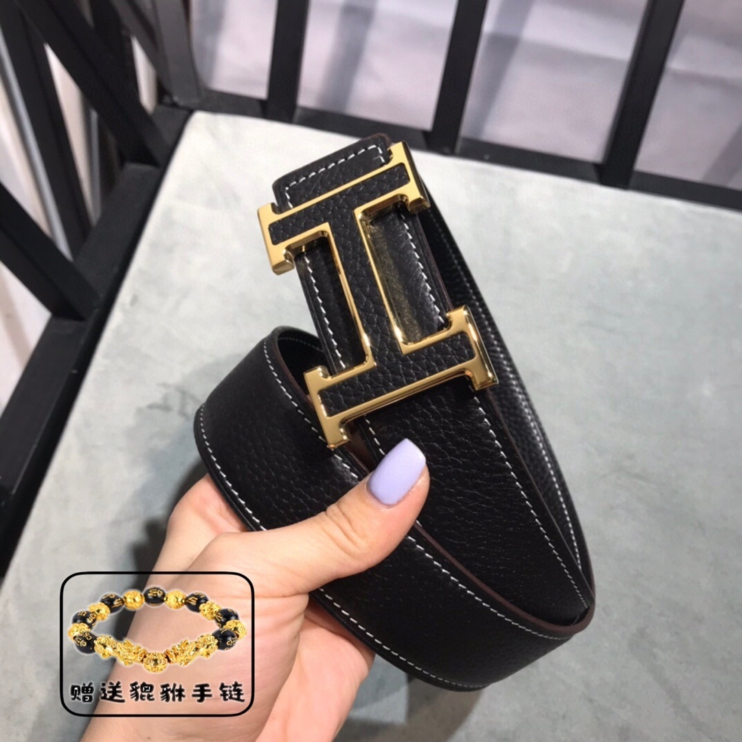 Premium Men's Leather Belt Gold H Buckle - Includes Free Bracelet