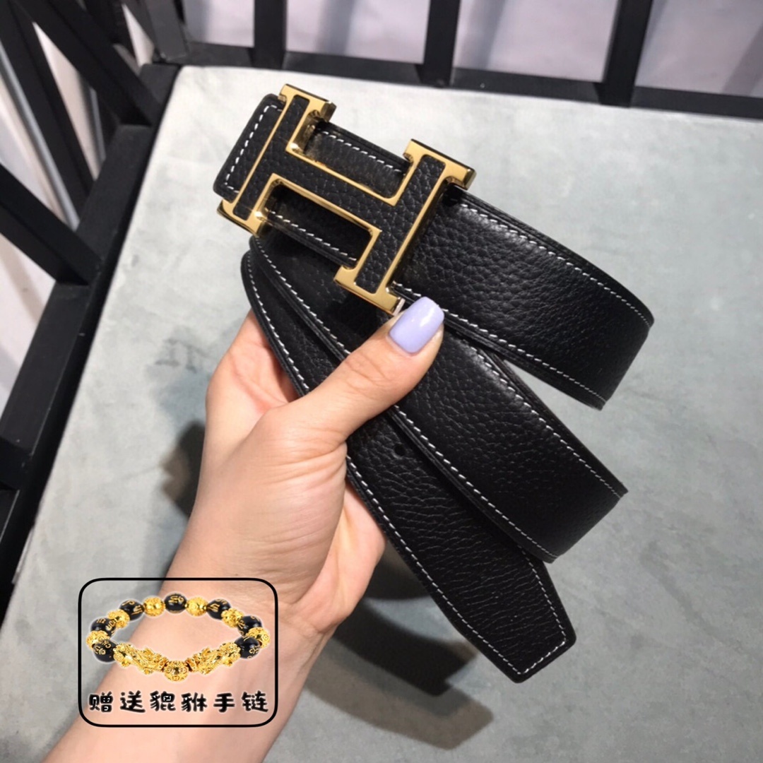 Premium Men's Leather Belt Gold H Buckle - Includes Free Bracelet