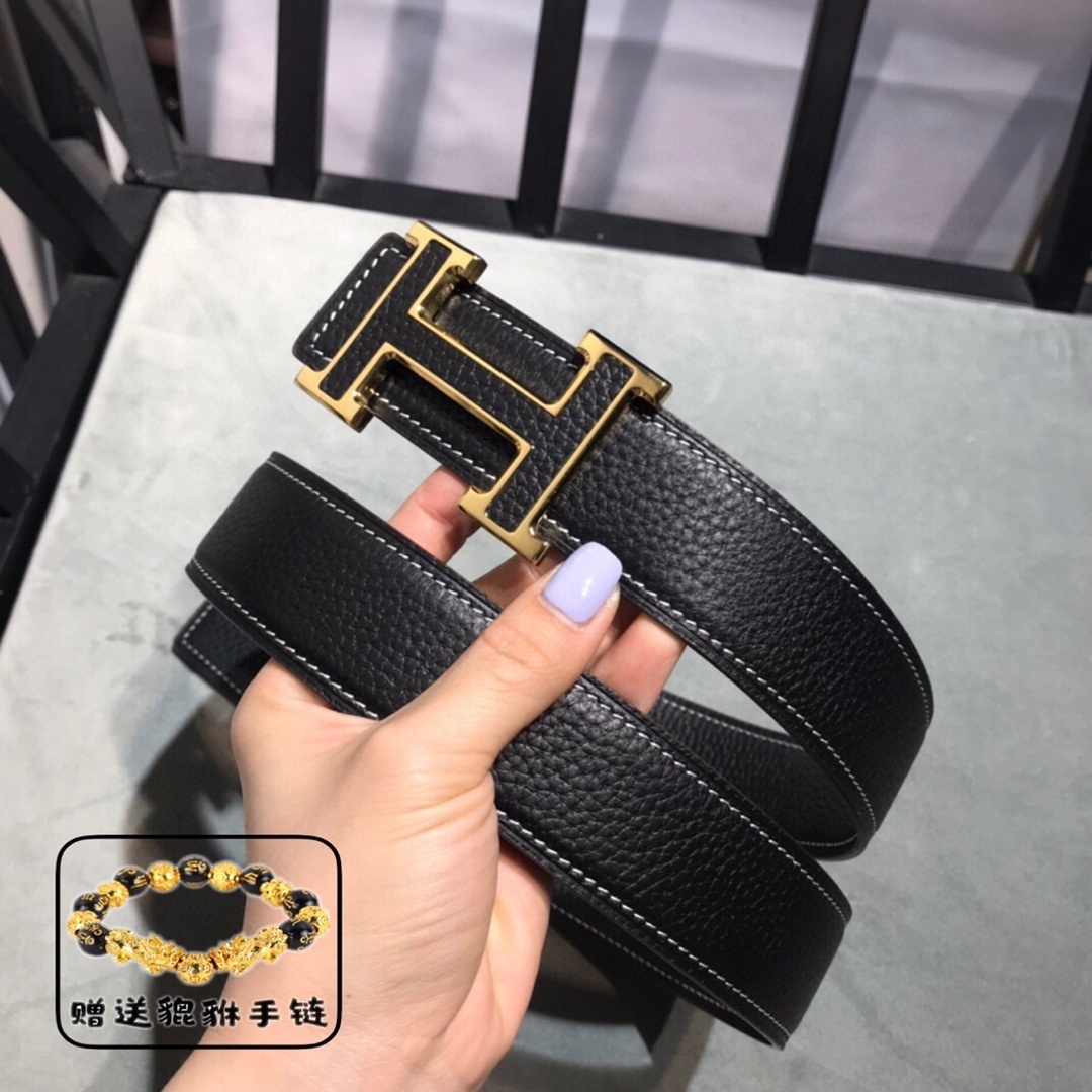 Premium Men's Leather Belt Gold H Buckle - Includes Free Bracelet