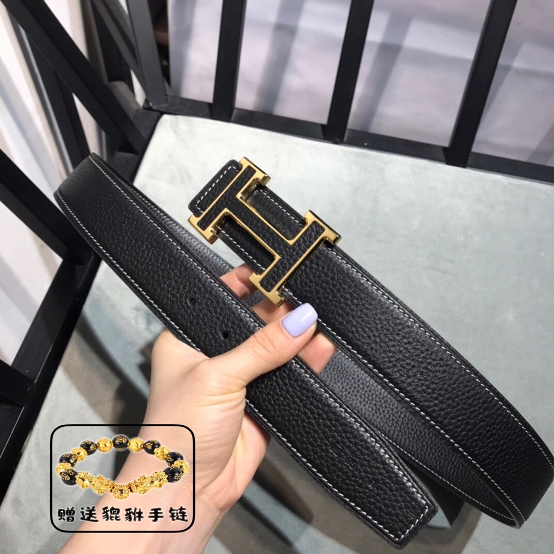 Premium Men’s Leather Belt Gold H Buckle – Includes Free Bracelet